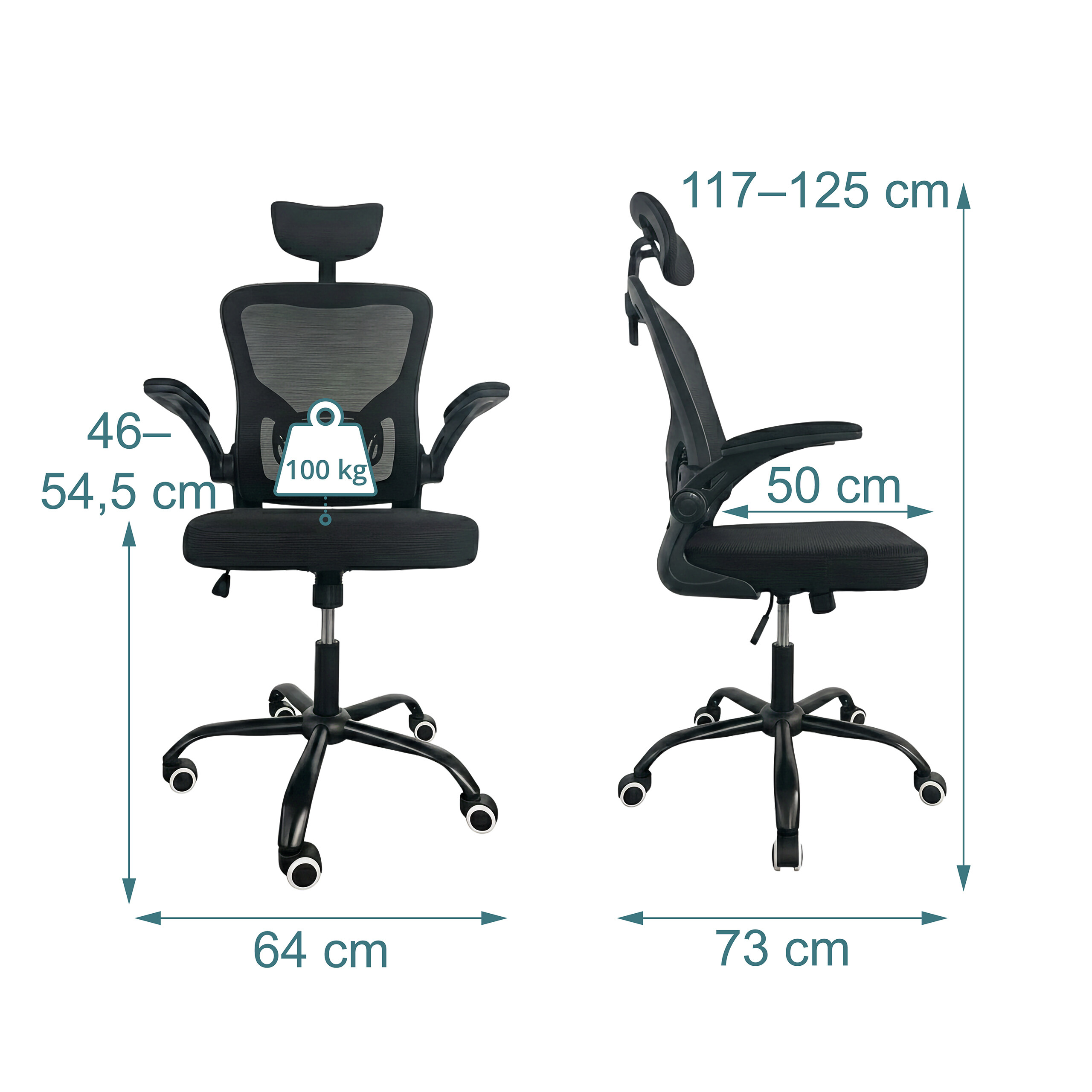 Schwarzer ergonomischer Buerostuhl mit Kopfstuetze und Massangaben in Zentimetern und Kilogramm.