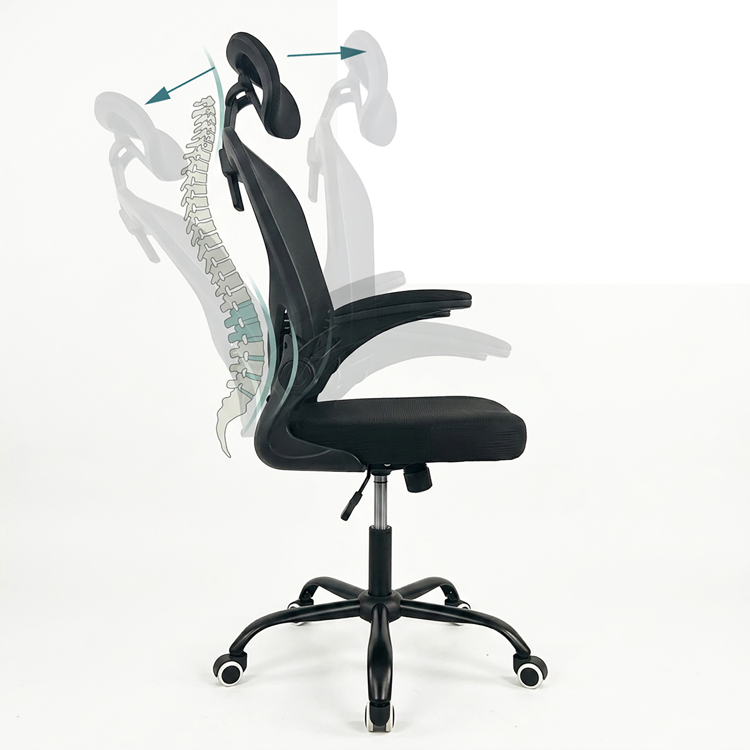 Ein schwarzer Bürostuhl zeigt ergonomische Neigungsbewegung und Wirbelsäulengrafiken vor weißem Hintergrund.