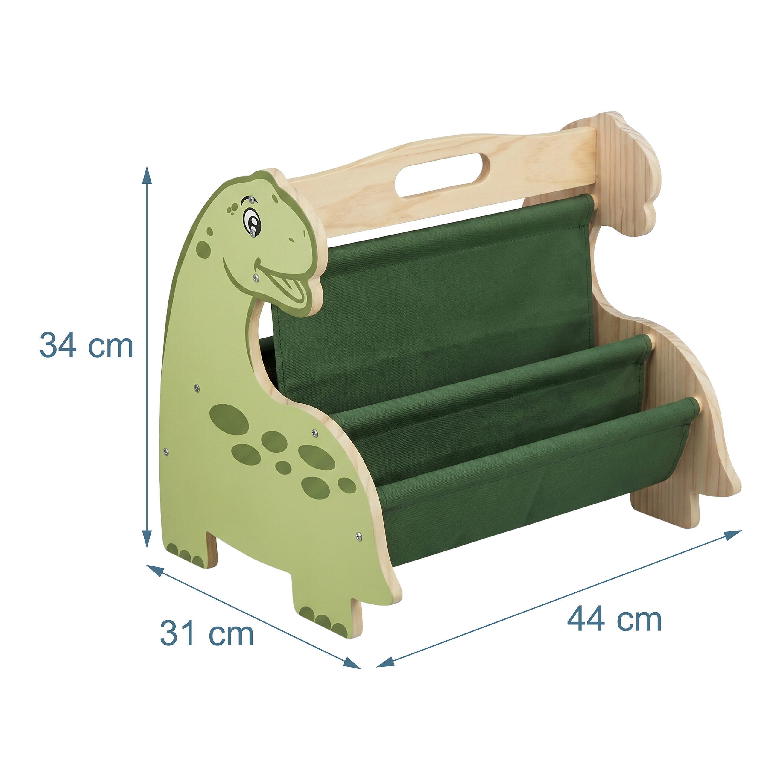 Grünes Dino-Bücherregal aus Holz mit Stofftaschen, Höhe 34cm, Tiefe 31cm, Breite 44cm.
