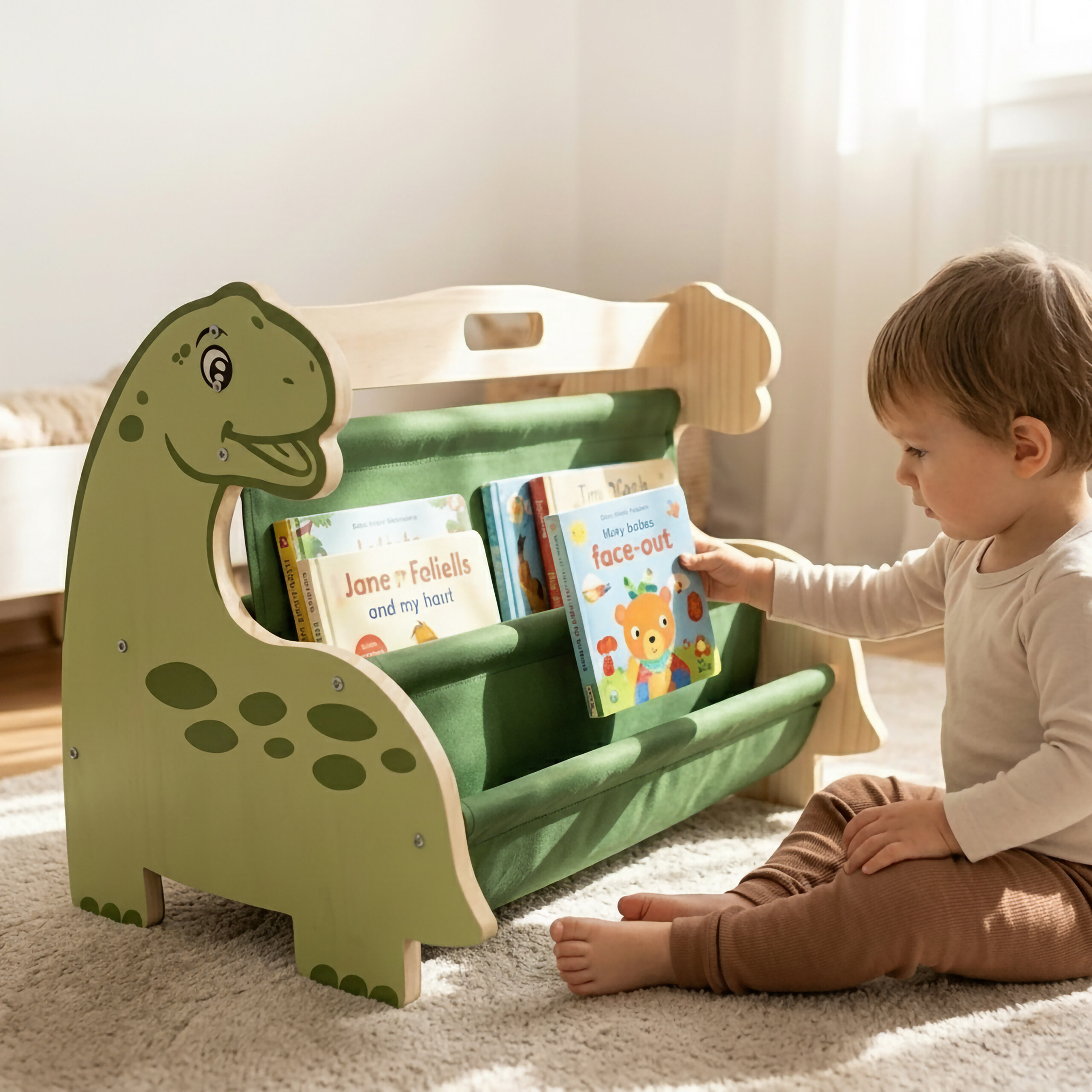 Kleinkind sitzt auf Teppich und nimmt Buch aus Dino-Bücherregal.