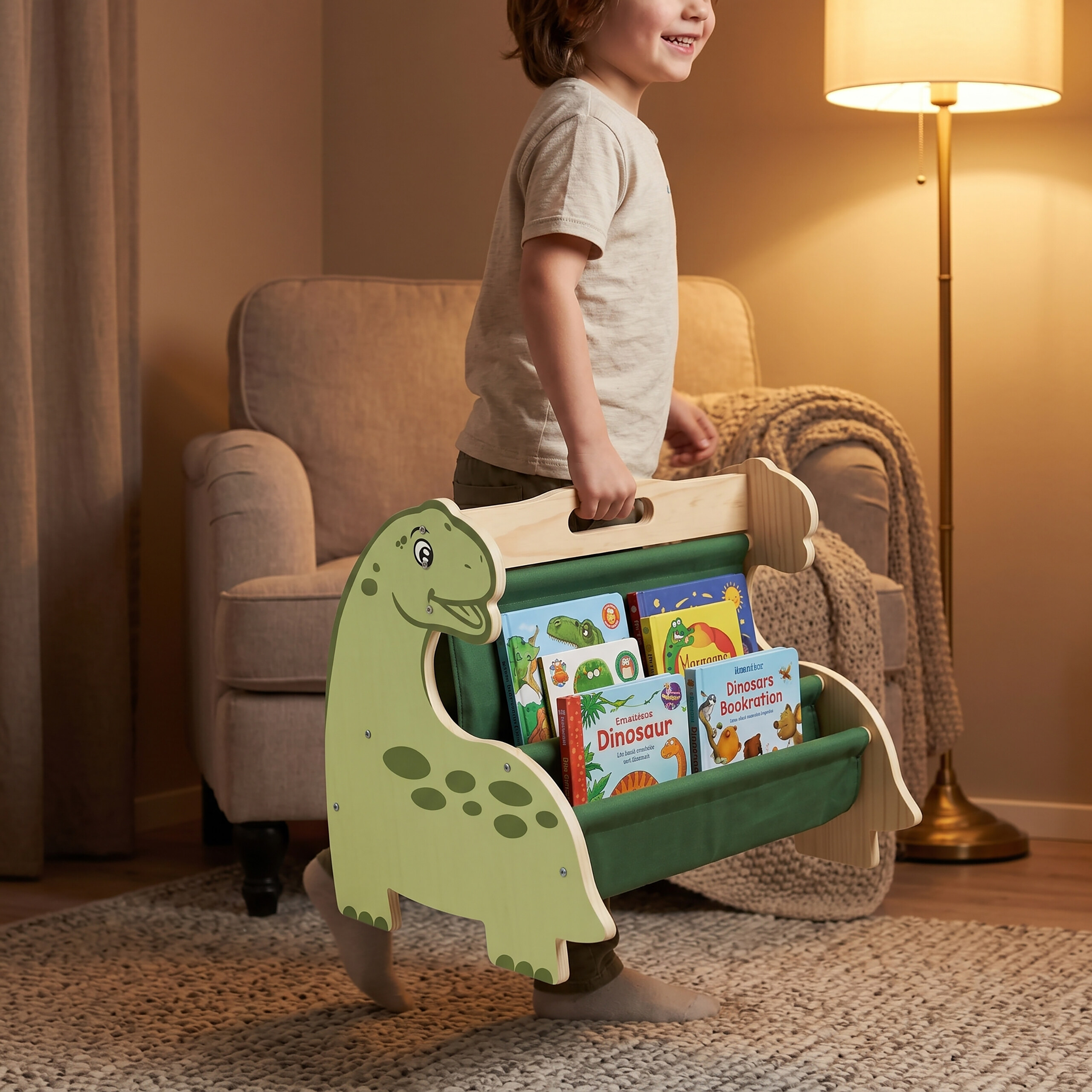 Ein Kind trägt ein grünes Dinosaurier-Bücherregal voller Kinderbücher in einem gemütlichen Raum.