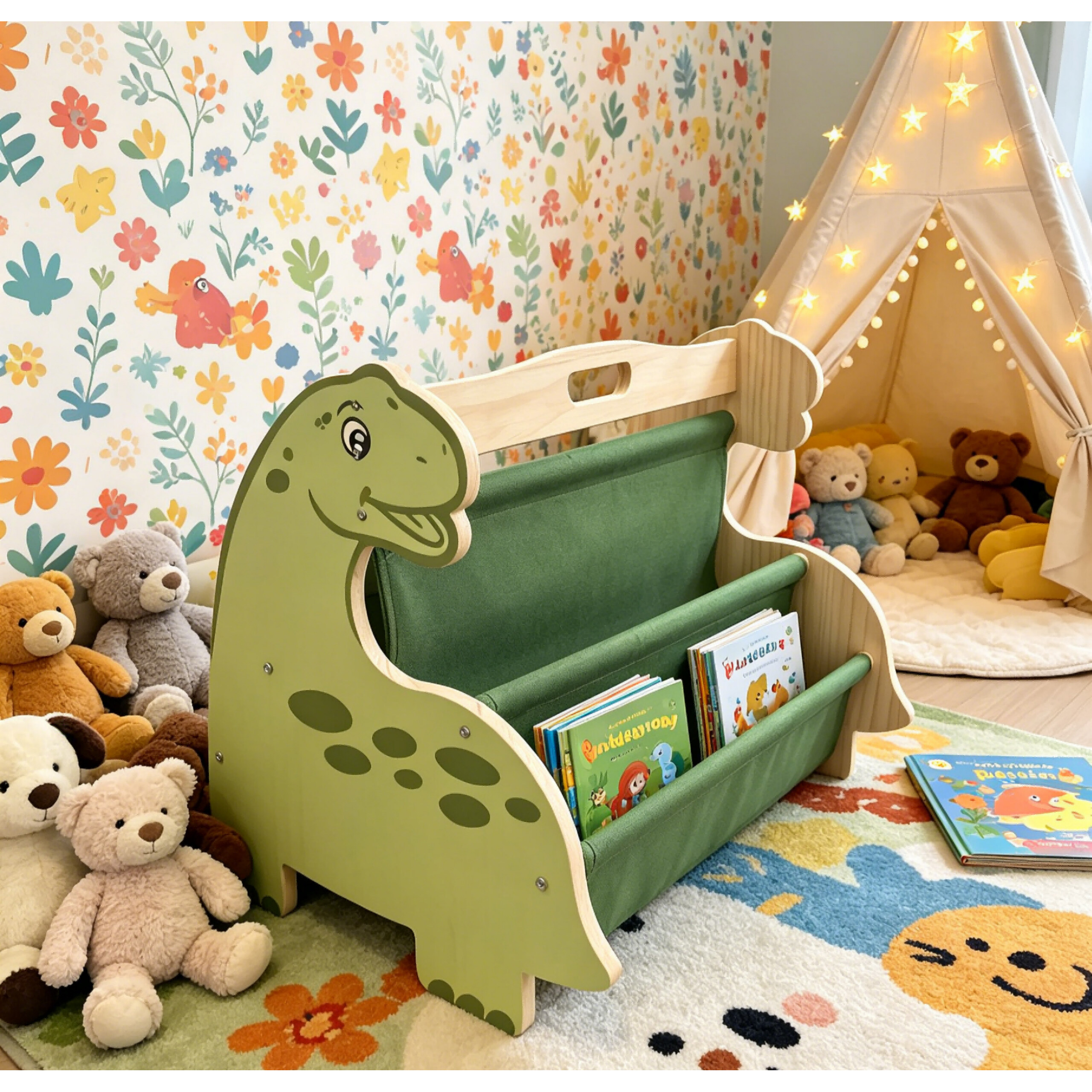 Ein Kinderzimmer mit Dino-Bücherregal, Kuschelbären, Tipi und Blumentapete.
