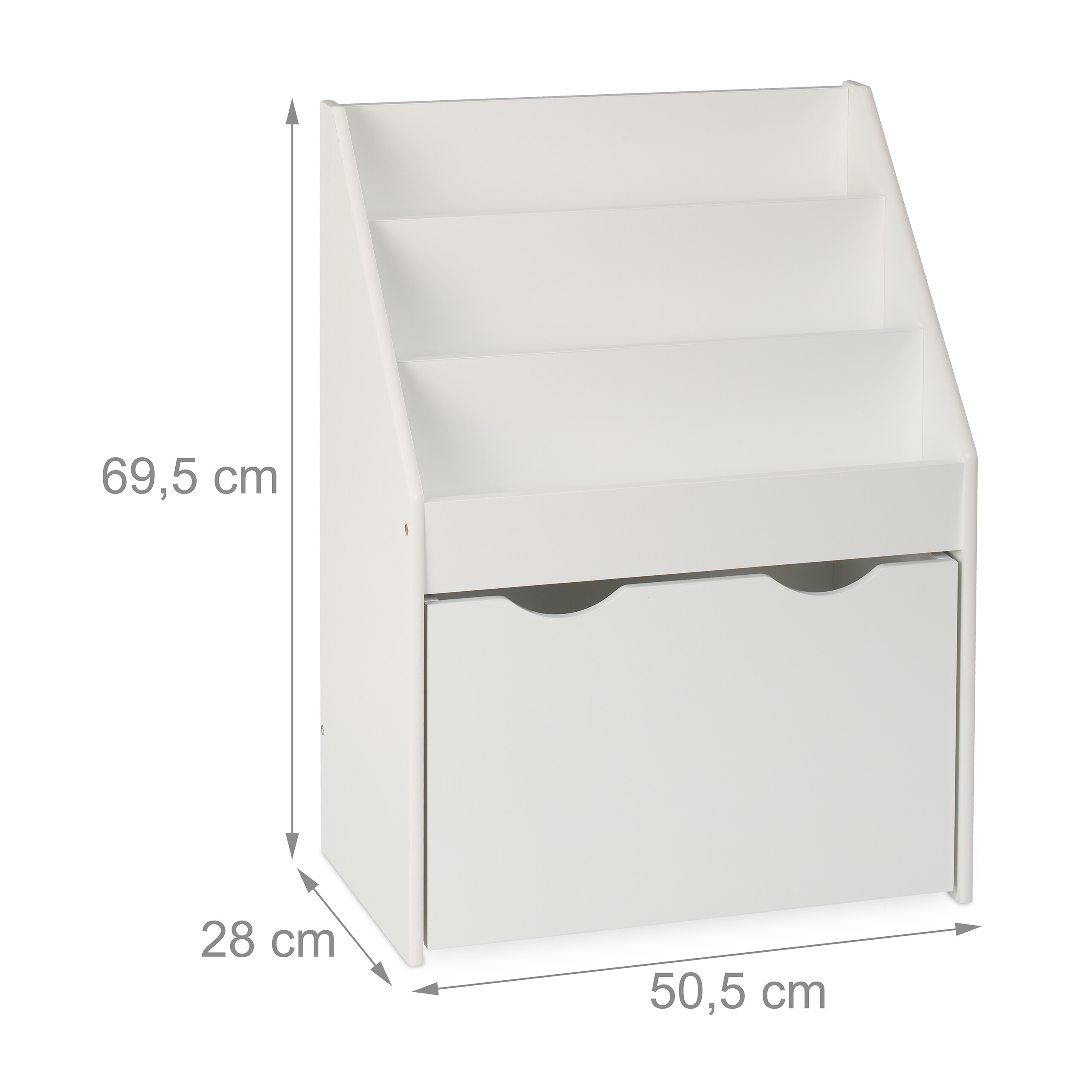 Weißes Holzbücherregal mit drei Regalböden und einer Aufbewahrungsbox unten, mit Maßen.