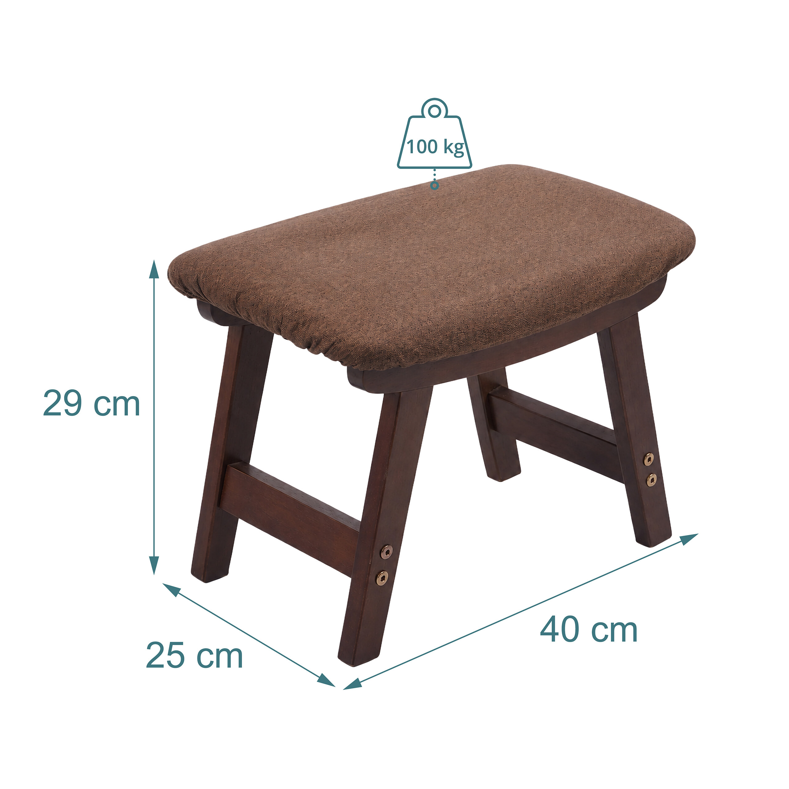 Brauner Holzschemel mit gepolstertem Sitz, Maße: 40x25x29 cm, bis 100 kg belastbar.