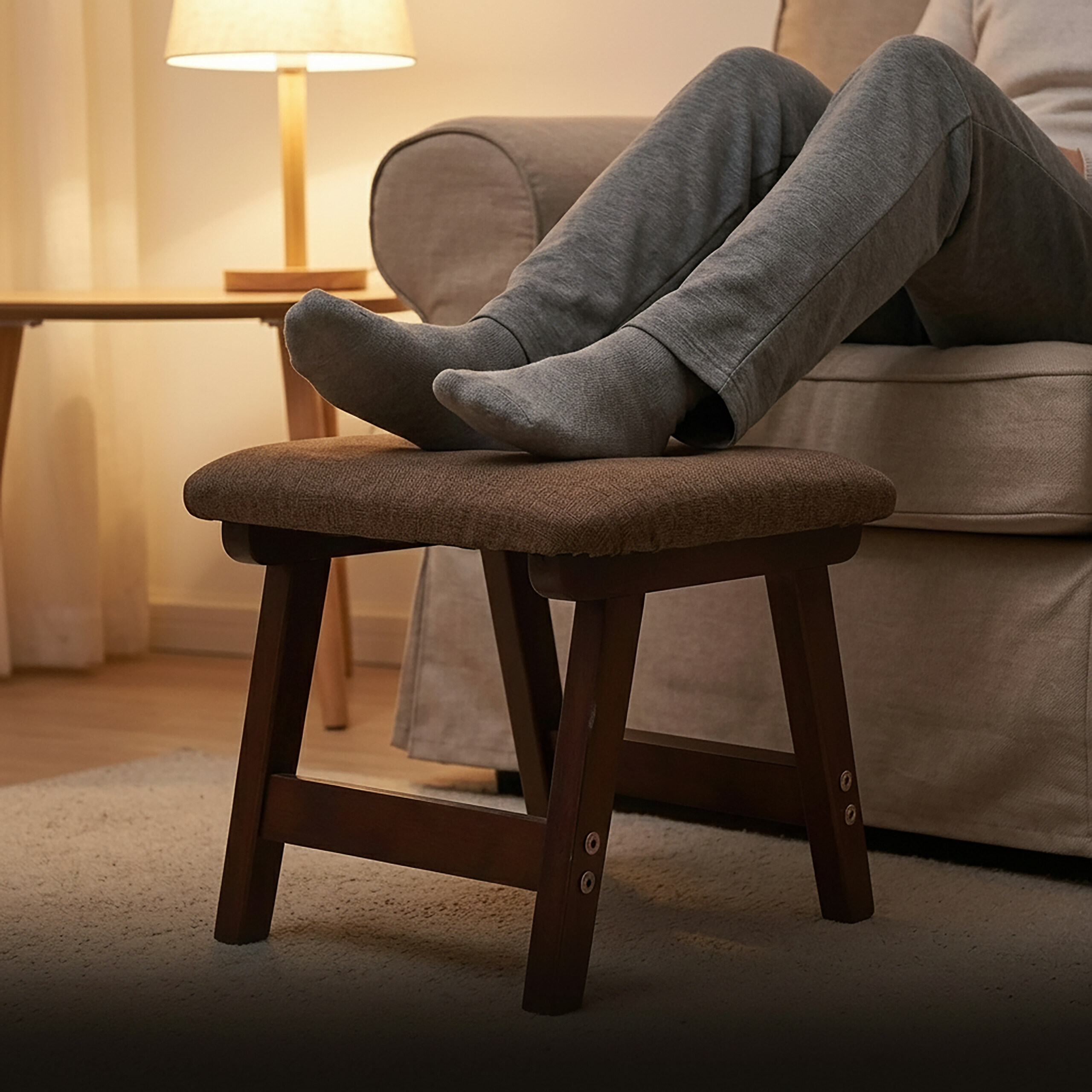 Person in grauen Hosen und Socken ruht die Füße auf einem kleinen Holzhocker im Wohnzimmer aus.