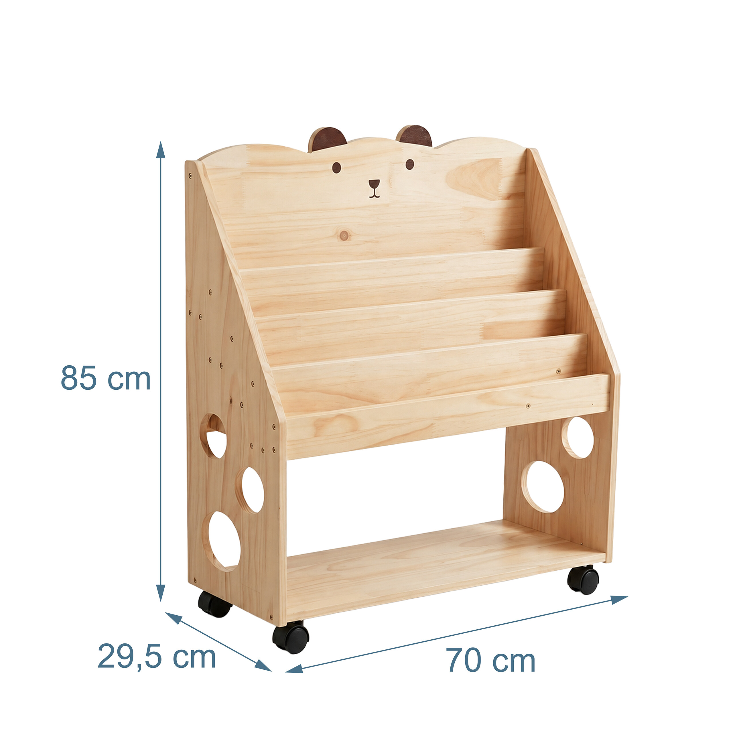 Holz-Bücherregal mit Bärenmotiv auf Rollen, Maße: 85x70x29,5 cm.