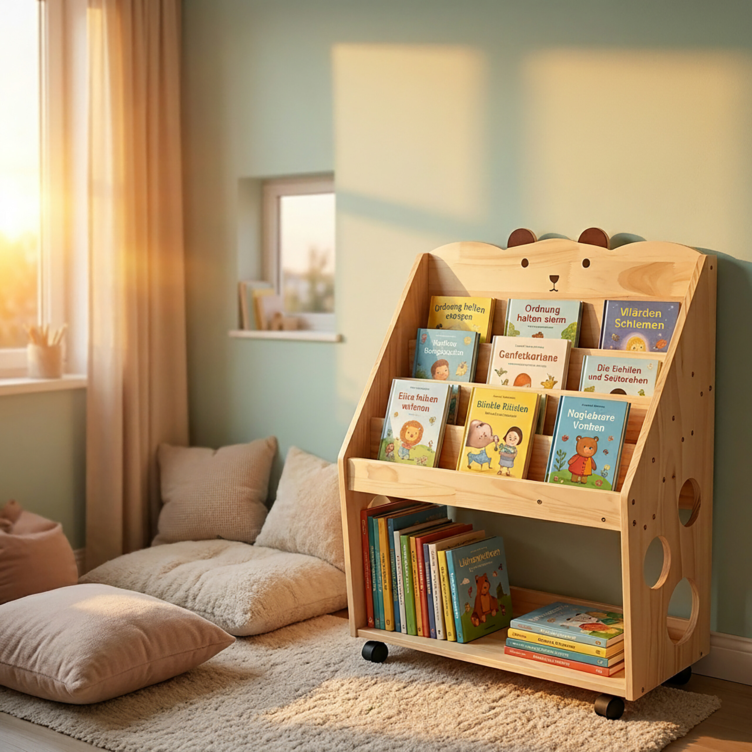 Ein hölzernes Kinderbücherregal voller bunter Bücher steht auf einem Teppich neben gemütlichen Bodenkissen.