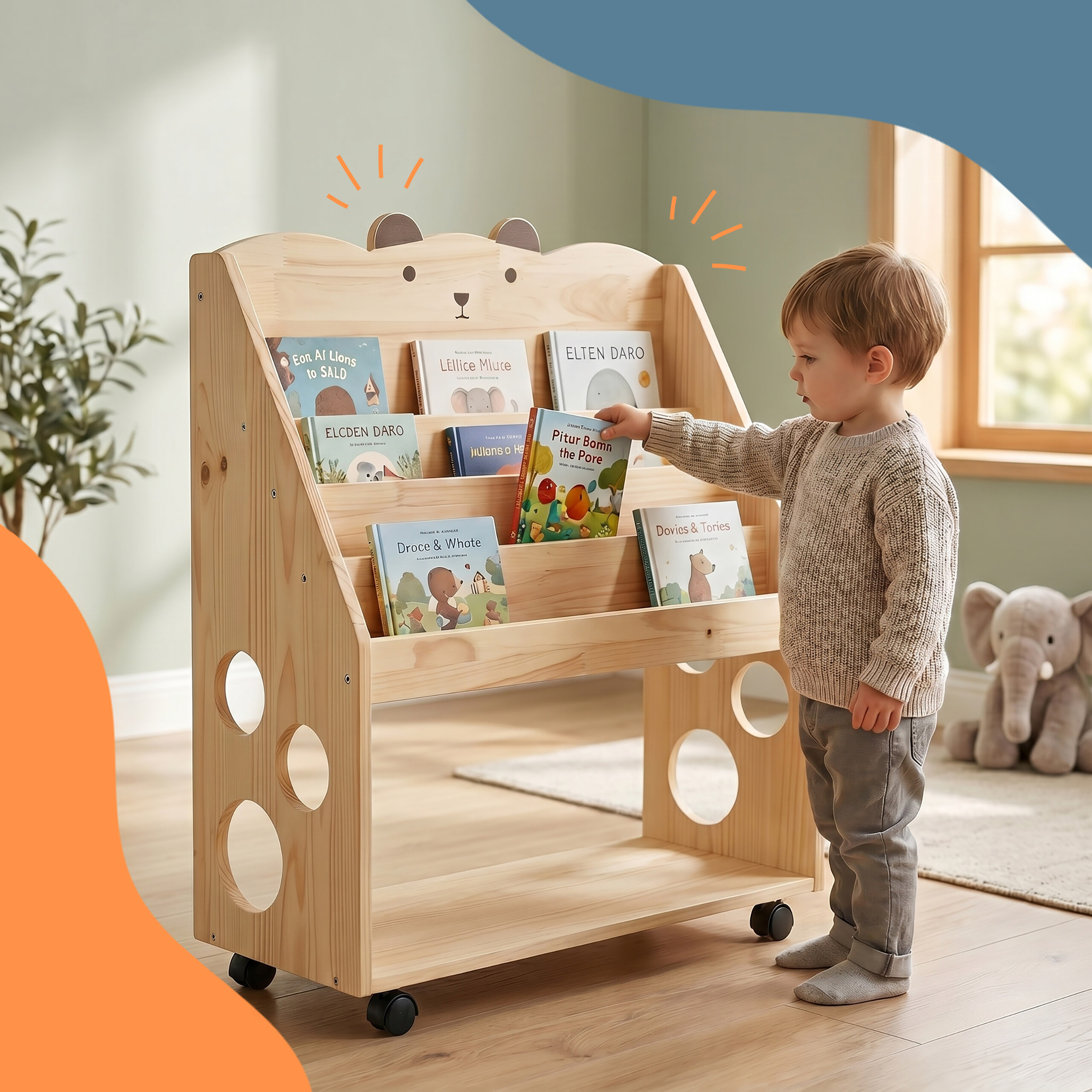 Ein Kleinkind steht neben einem holzfarbenen Bücherregal in Bärenform und greift nach einem bunten Buch.
