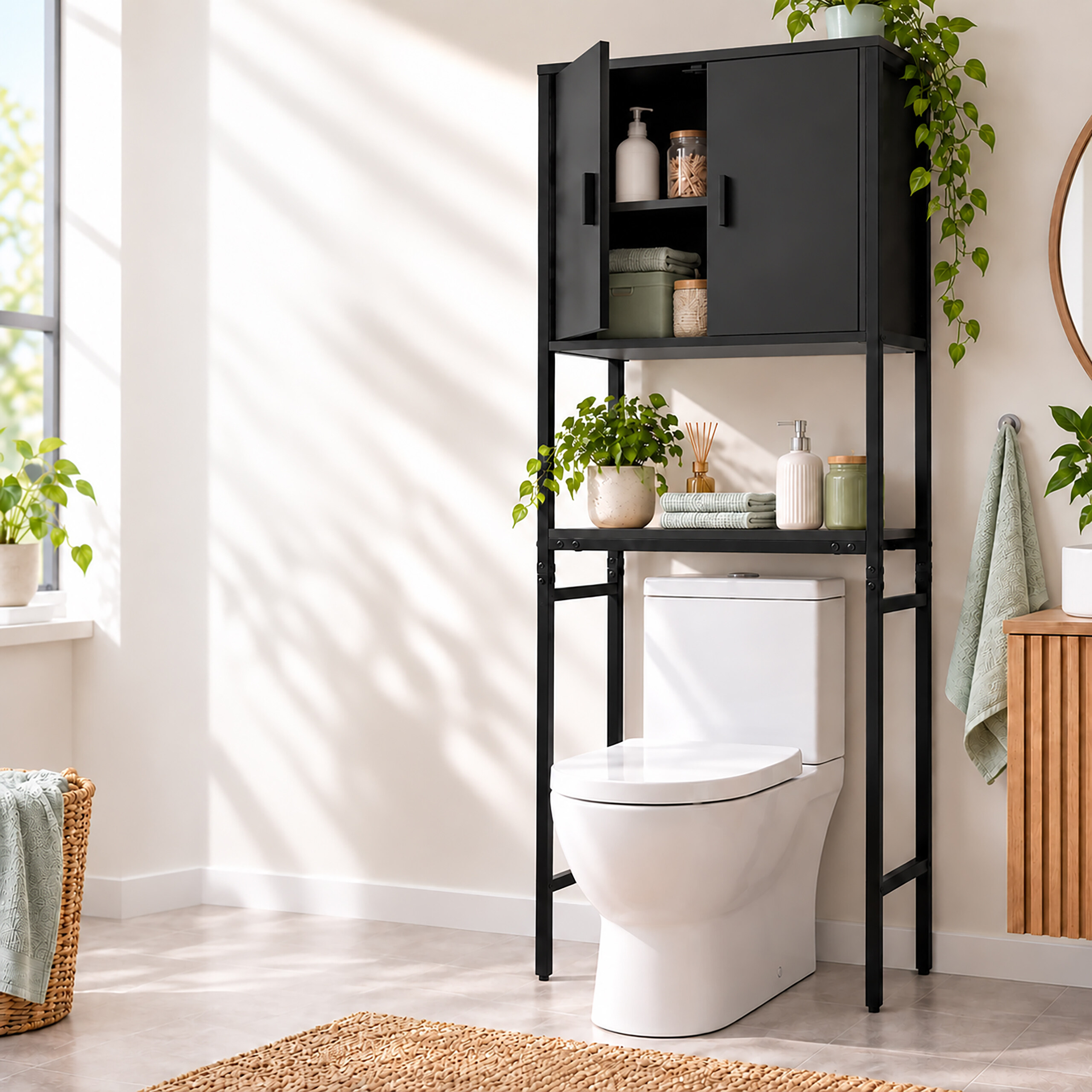 Ein weißes WC mit einem schwarzen Metallregal darüber in einem hellen, sonnigen Badezimmer.