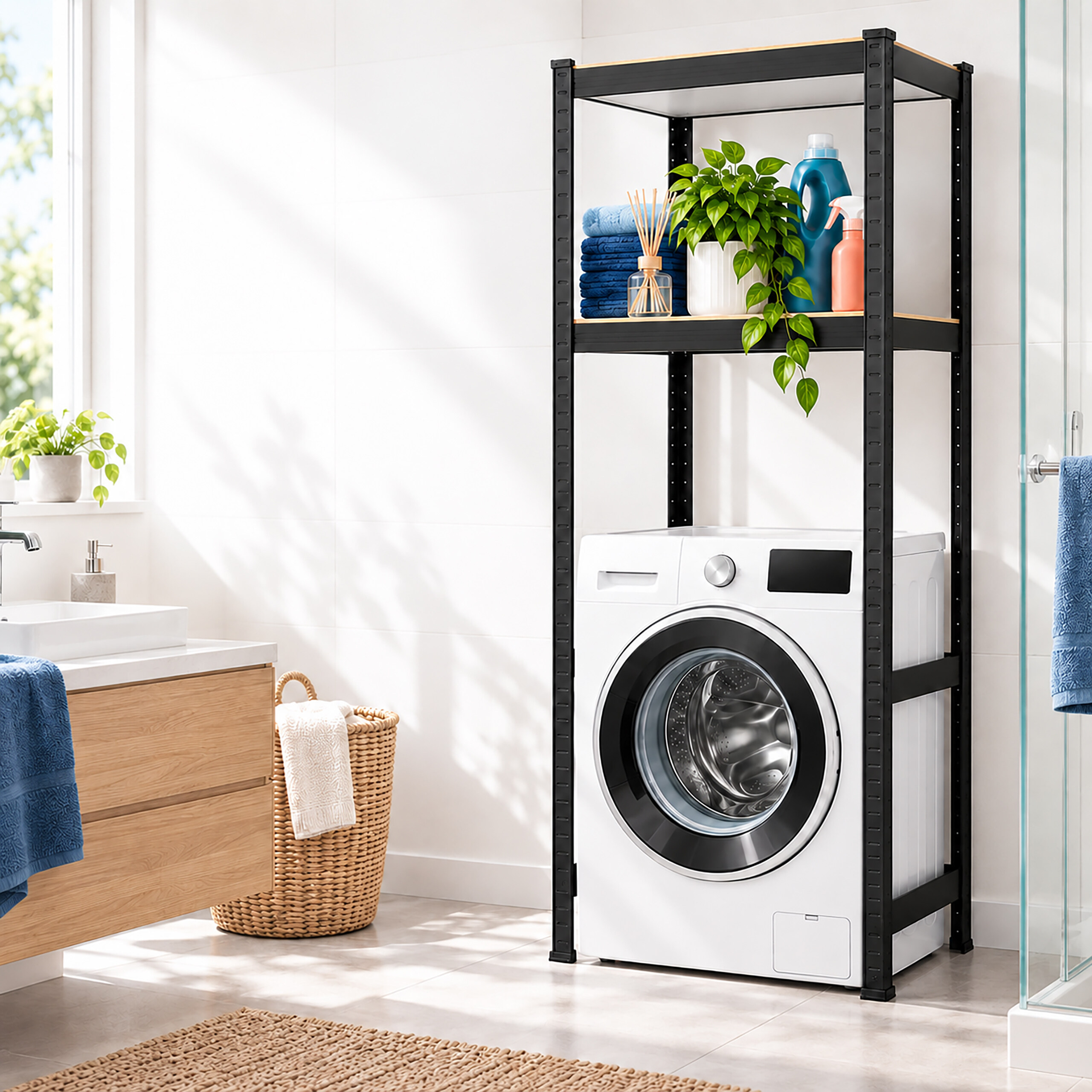 Waschmaschine im Badezimmer mit schwarzem Regal darüber, das Handtücher, eine Pflanze und Reinigungsmittel trägt.
