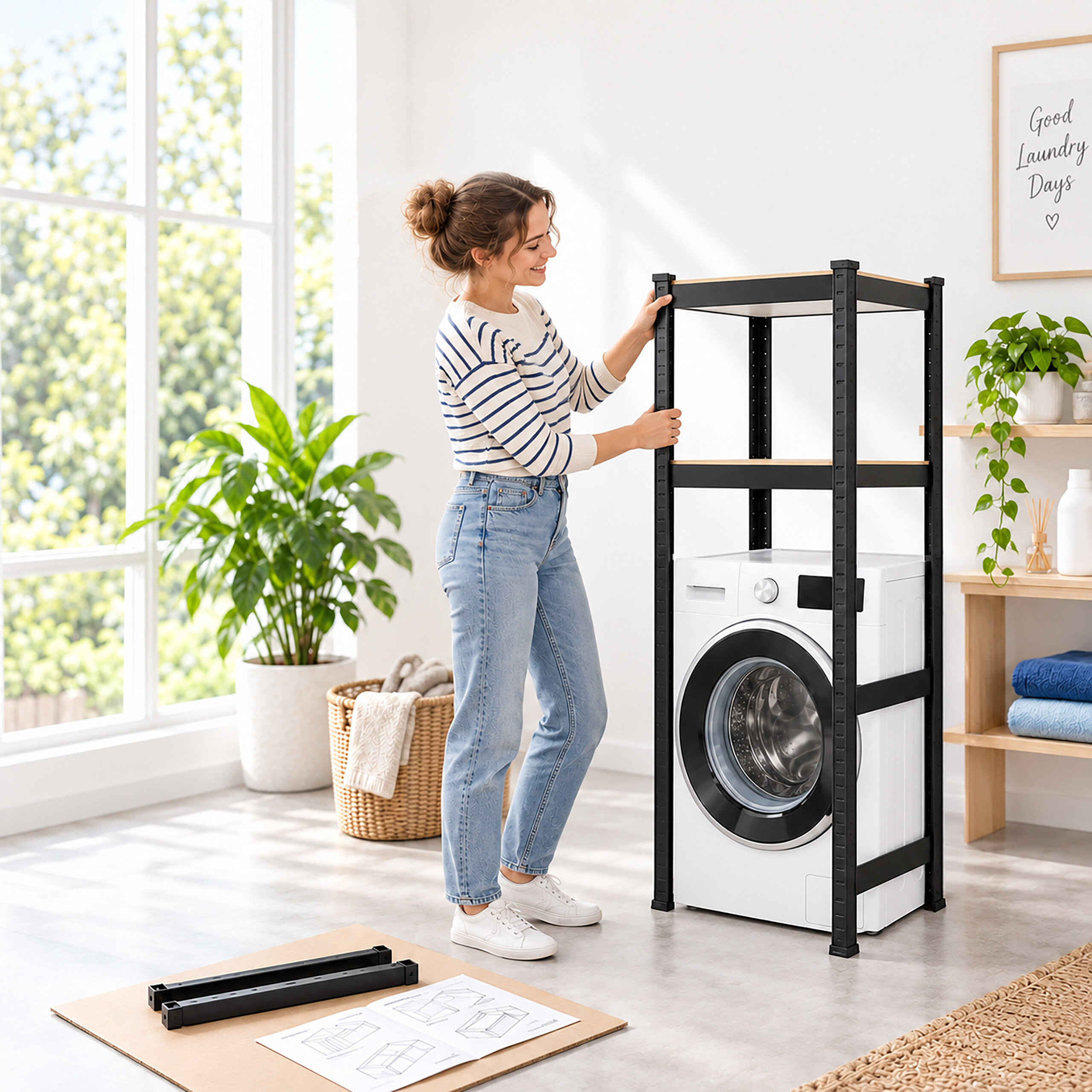 Eine Frau in Jeans und gestreiftem Oberteil baut ein Metallregal über einer Waschmaschine auf.