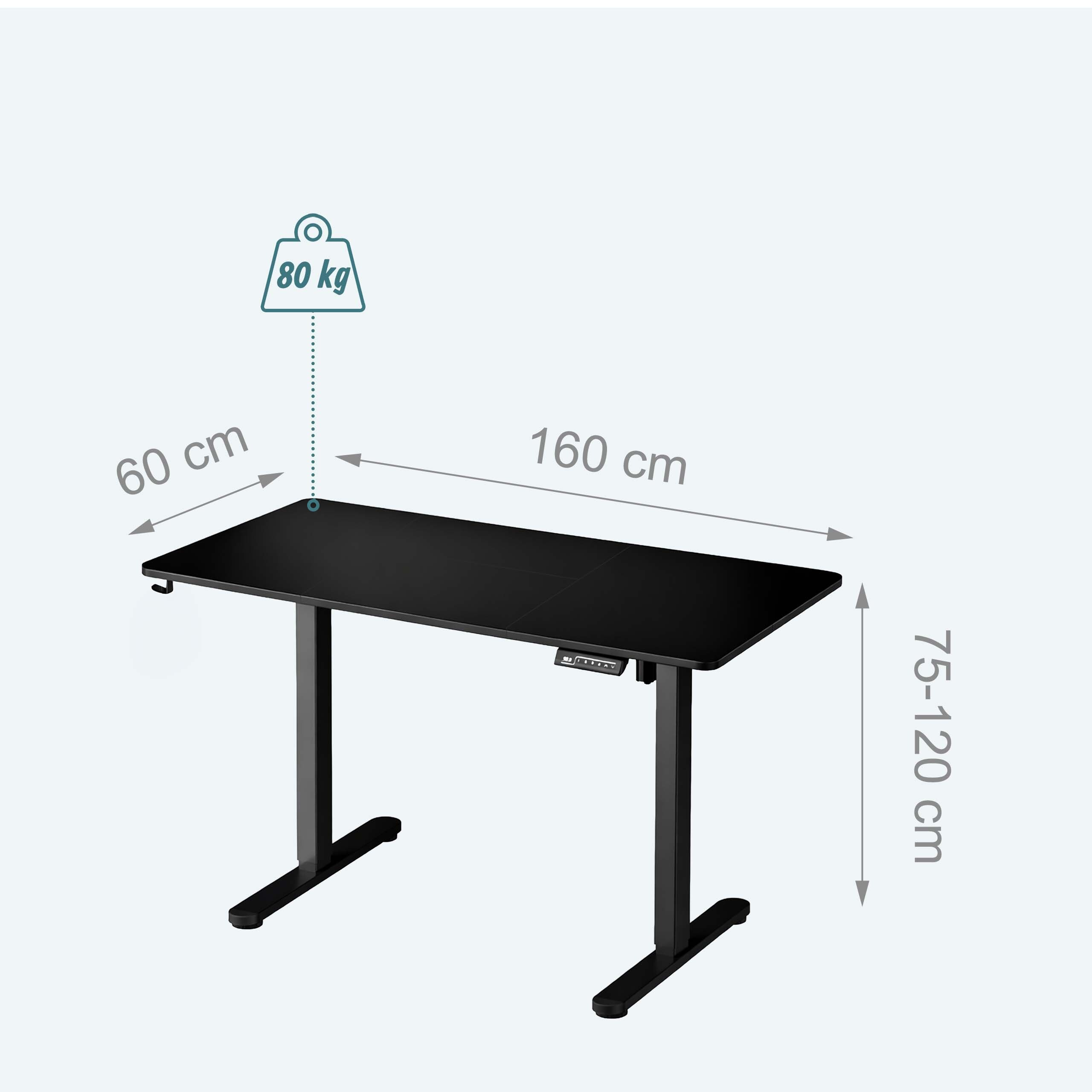 Schwarzer höhenverstellbarer Schreibtisch mit Maßangaben von 160x60 cm und einer max. Belastung von 80 kg.