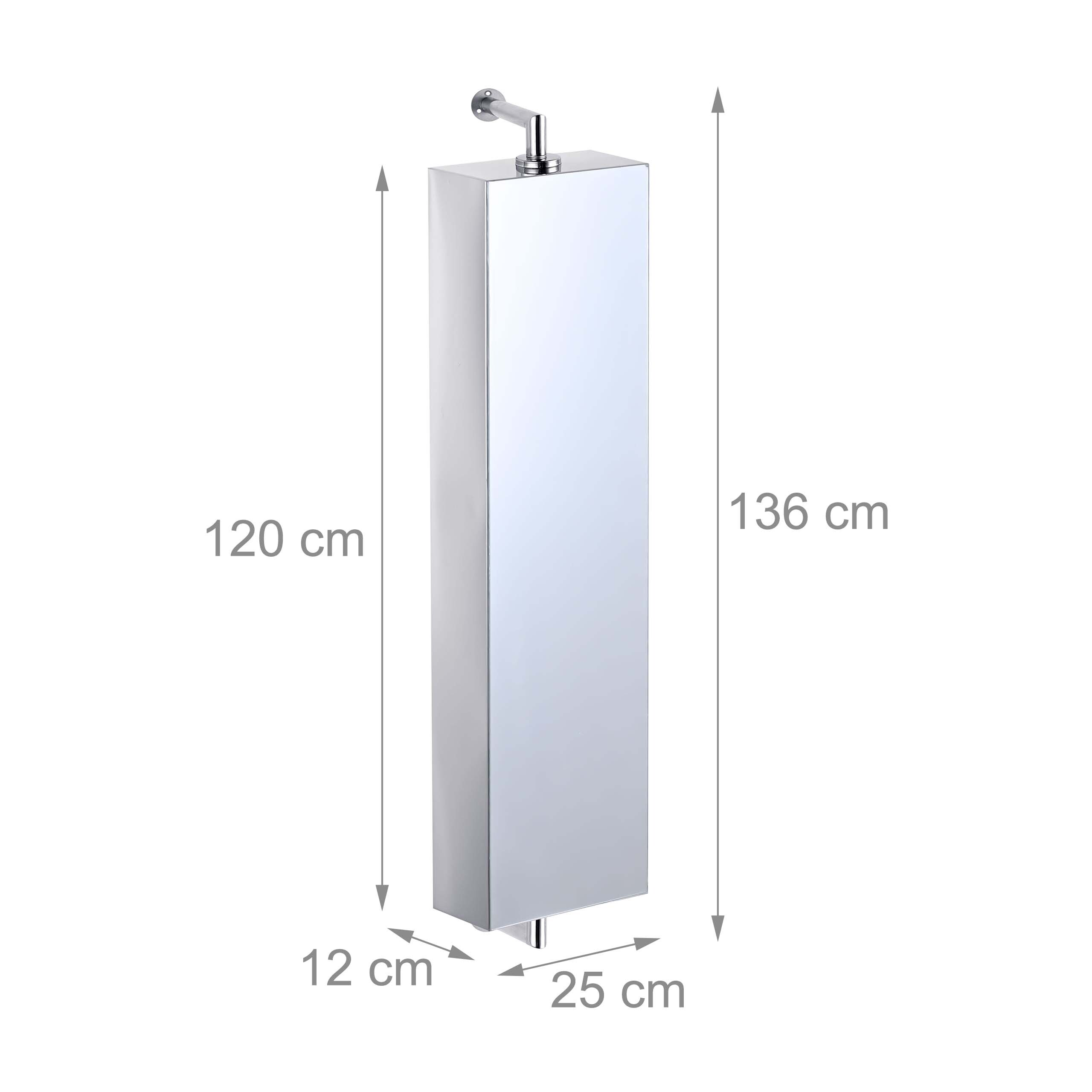 Technisches Diagramm eines silbernen Spindschranks mit Maßen von 136x25x12 cm auf weißem Hintergrund.