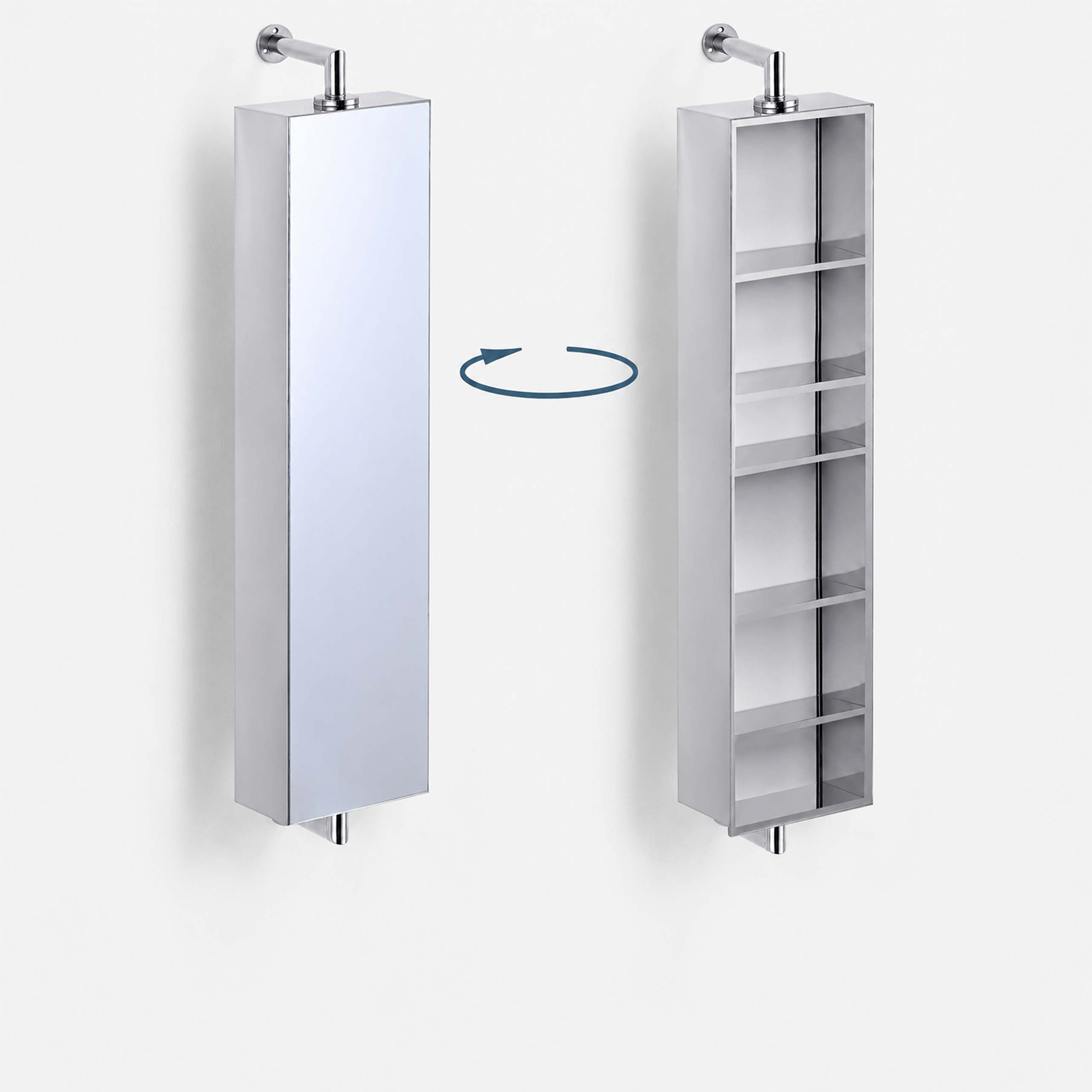 Ein rotierender Badschrank mit Spiegel auf einer Seite und Regalfächern auf der anderen.