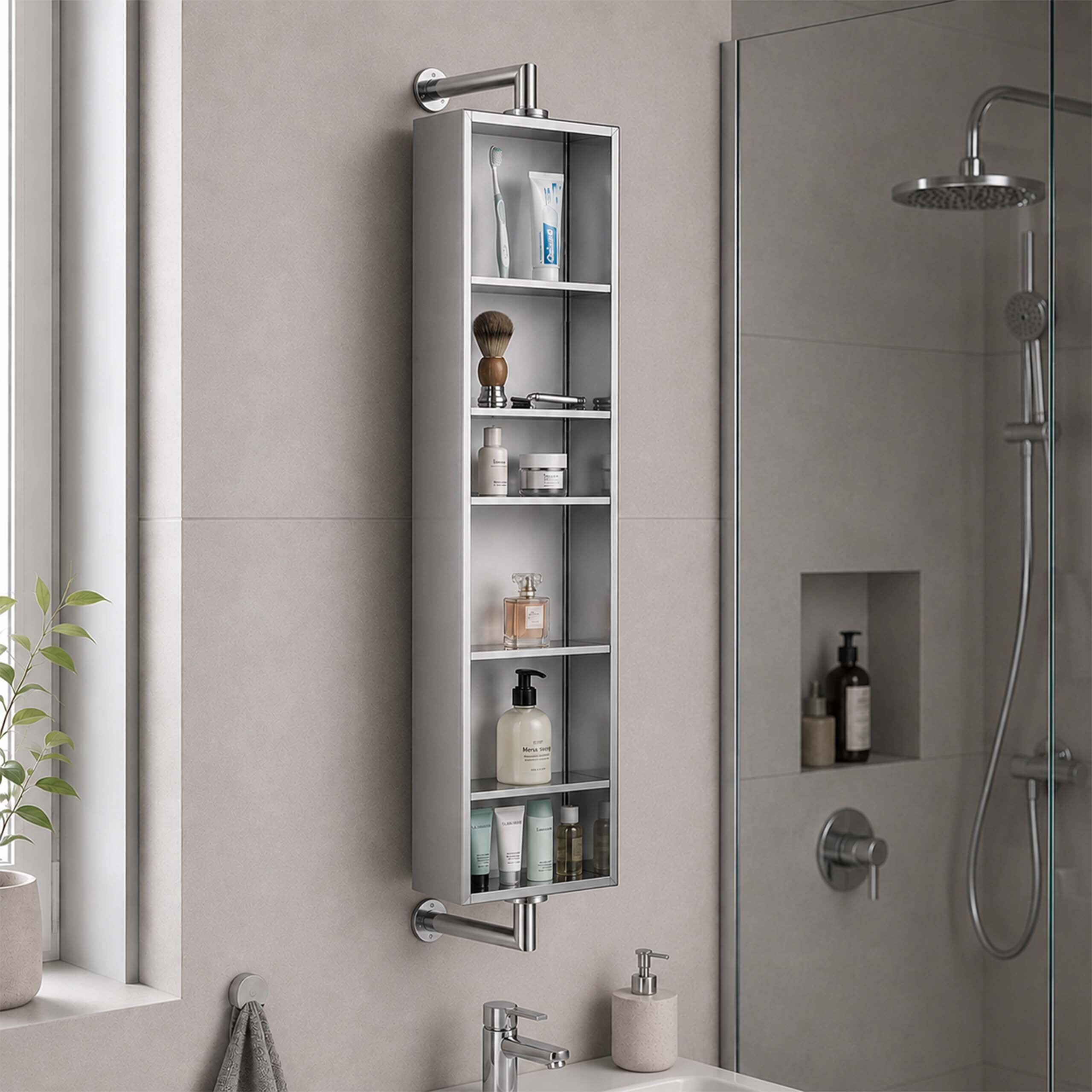 Ein schlankes silbernes Wandregal im Badezimmer mit Toilettenartikeln und Duschbereich im Hintergrund.
