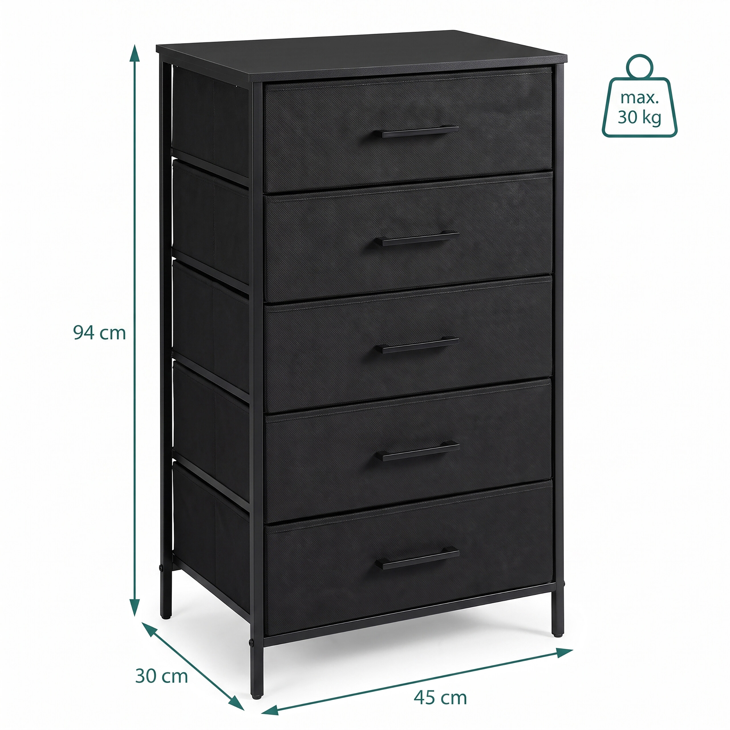 Schwarze Kommode mit fünf Schubladen und Maßen von 94x45x30 cm sowie 30 kg max. Tragkraft.