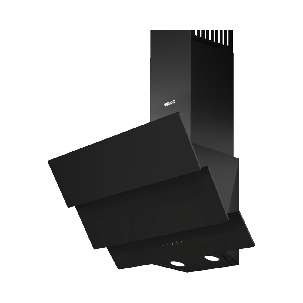 Modern black wall-mounted cooker hood with an angled design and built-in lighting.