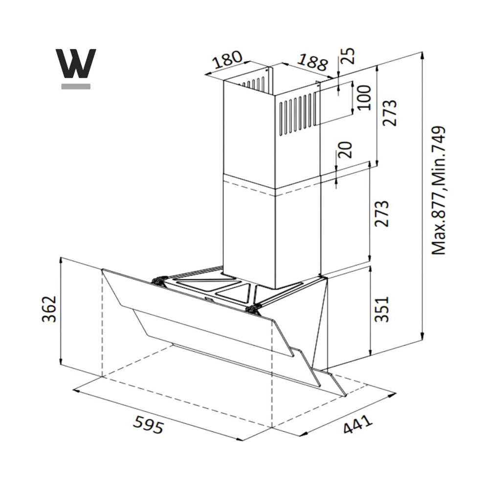 Technical drawing of a kitchen hood with dimension markings in millimeters.