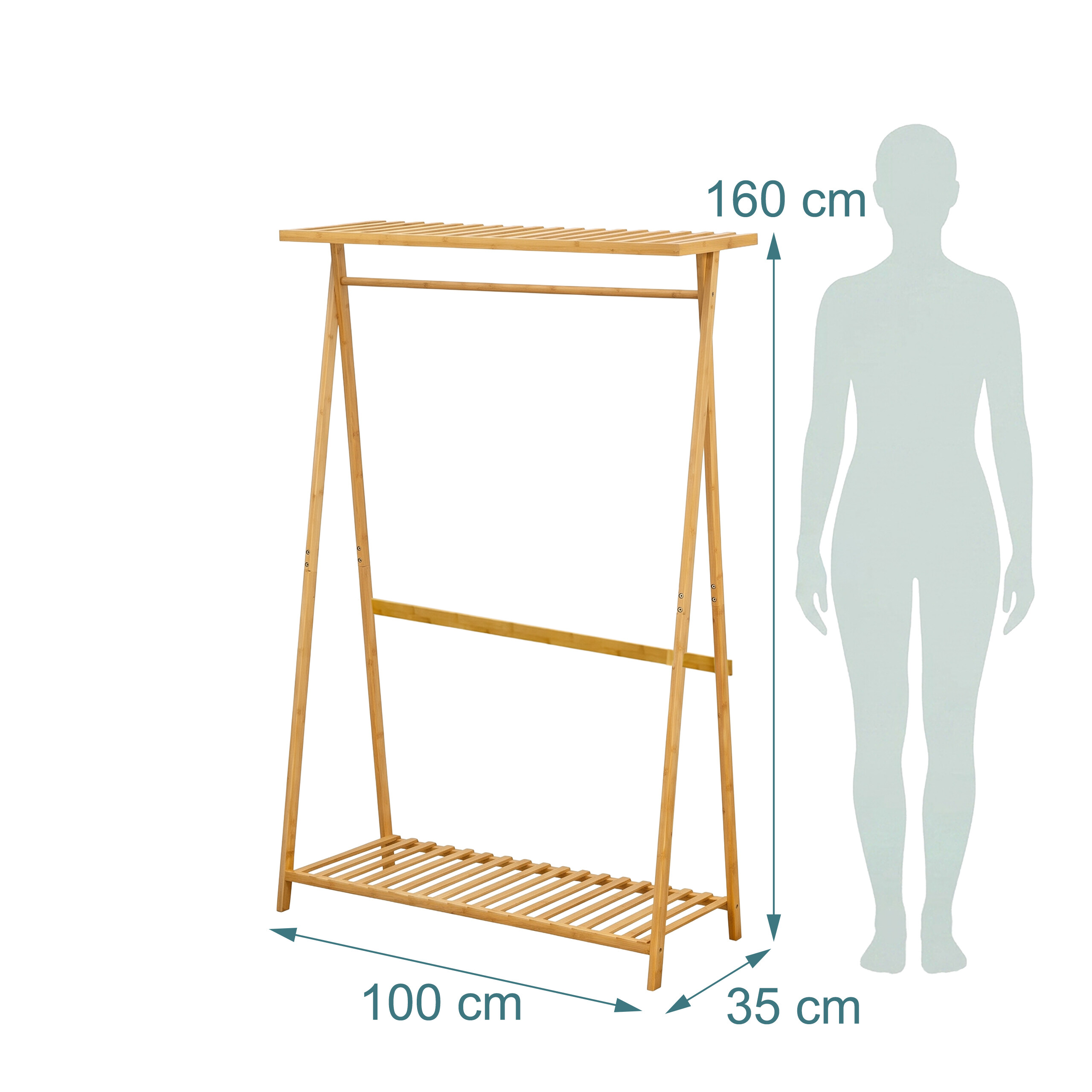 Bambus-Kleiderständer mit Regalen und Maßen: 160 cm Höhe, 100 cm Breite, 35 cm Tiefe.