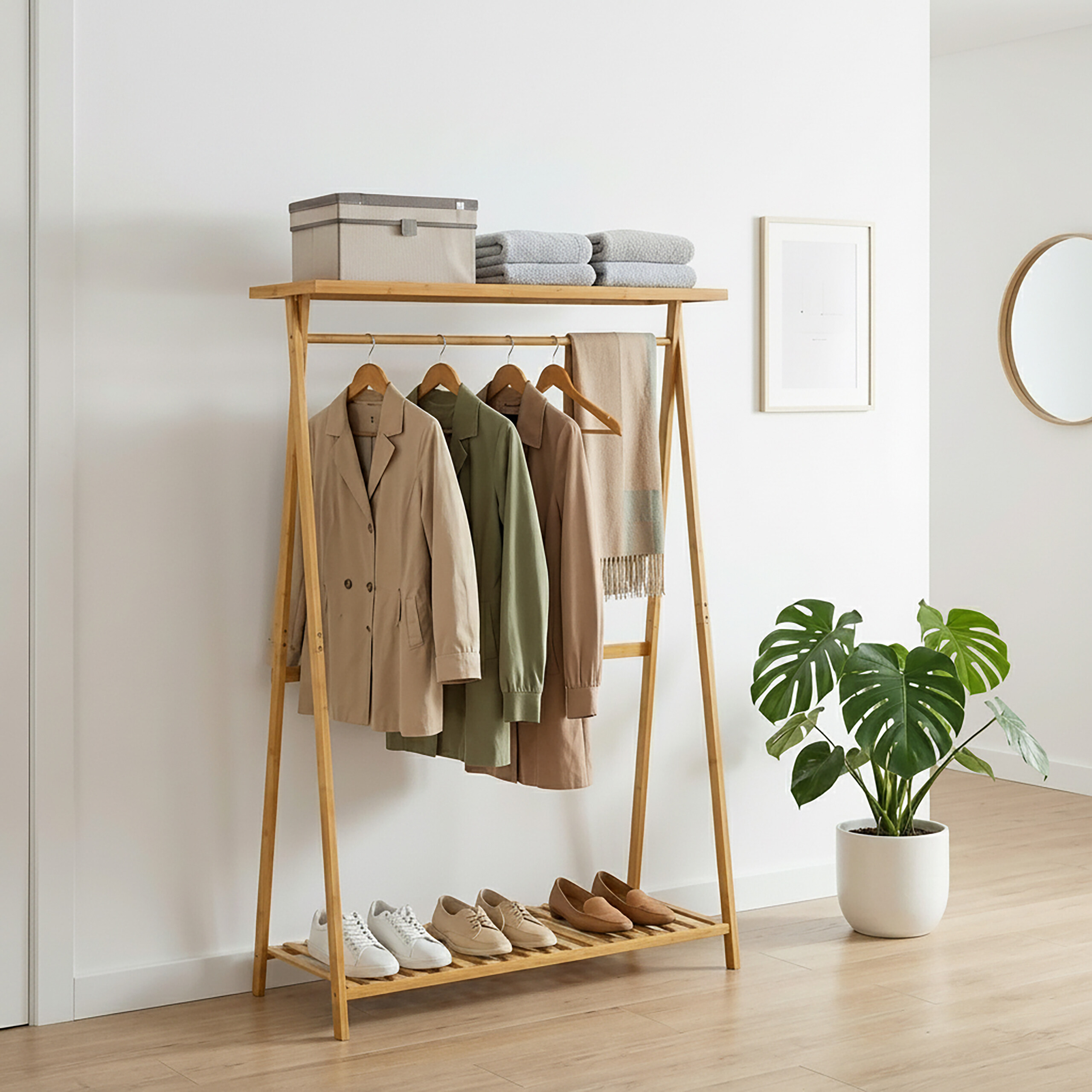 Bambus-Kleiderständer mit Mänteln, Schuhen und gefalteten Decken im Raum, neben einer Monstera-Pflanze.
