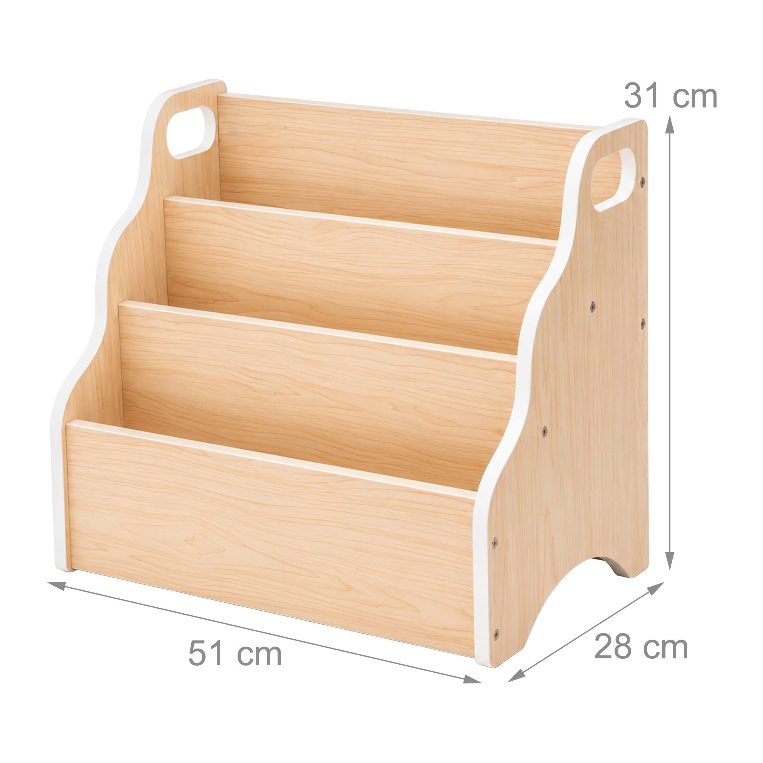 Kleines Holzregal mit vier Stufen und Maßen von 51x28x31 cm auf weißem Hintergrund.