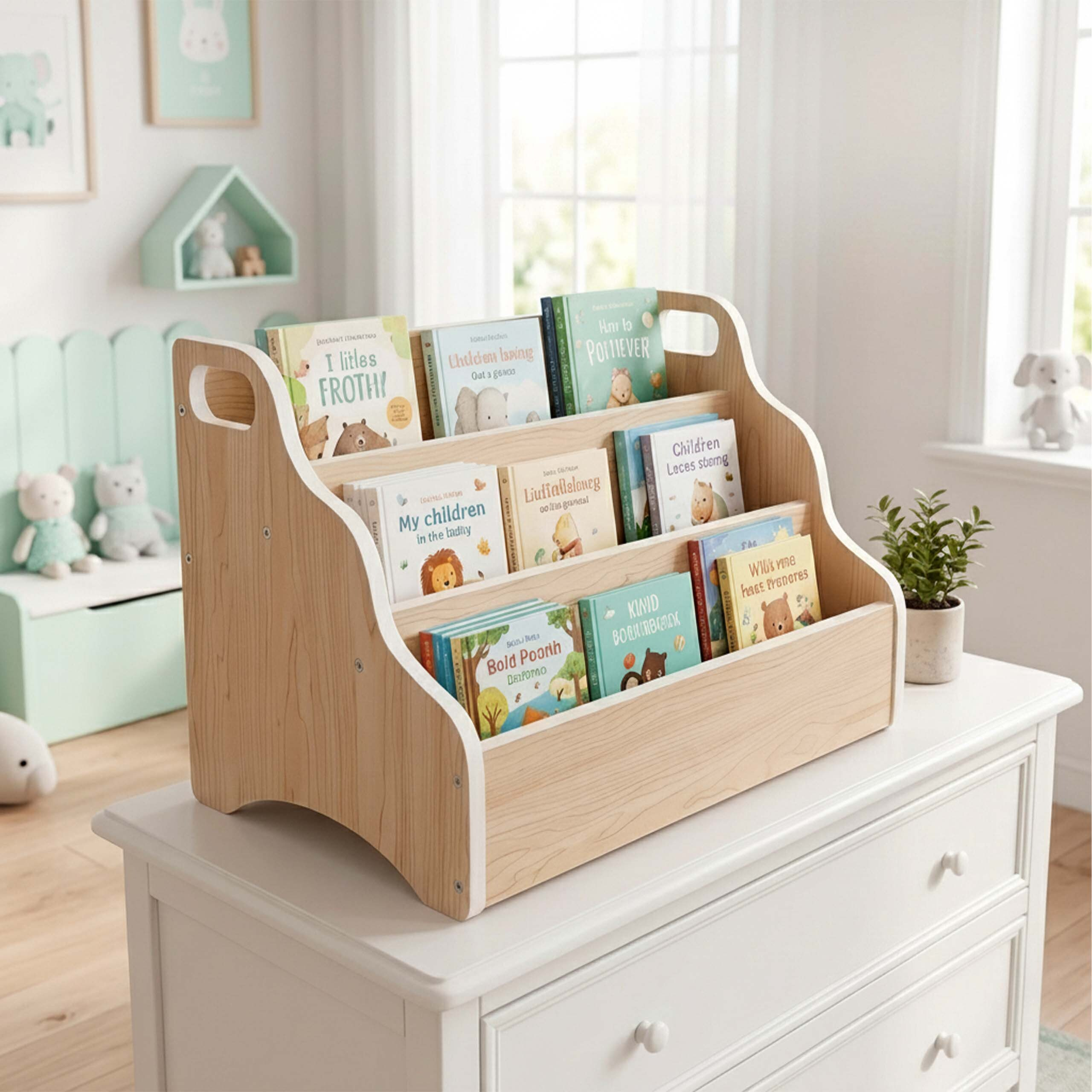 Ein hölzernes Bücherregal voller bunter Kinderbücher steht auf einer weißen Kommode in einem Kinderzimmer.