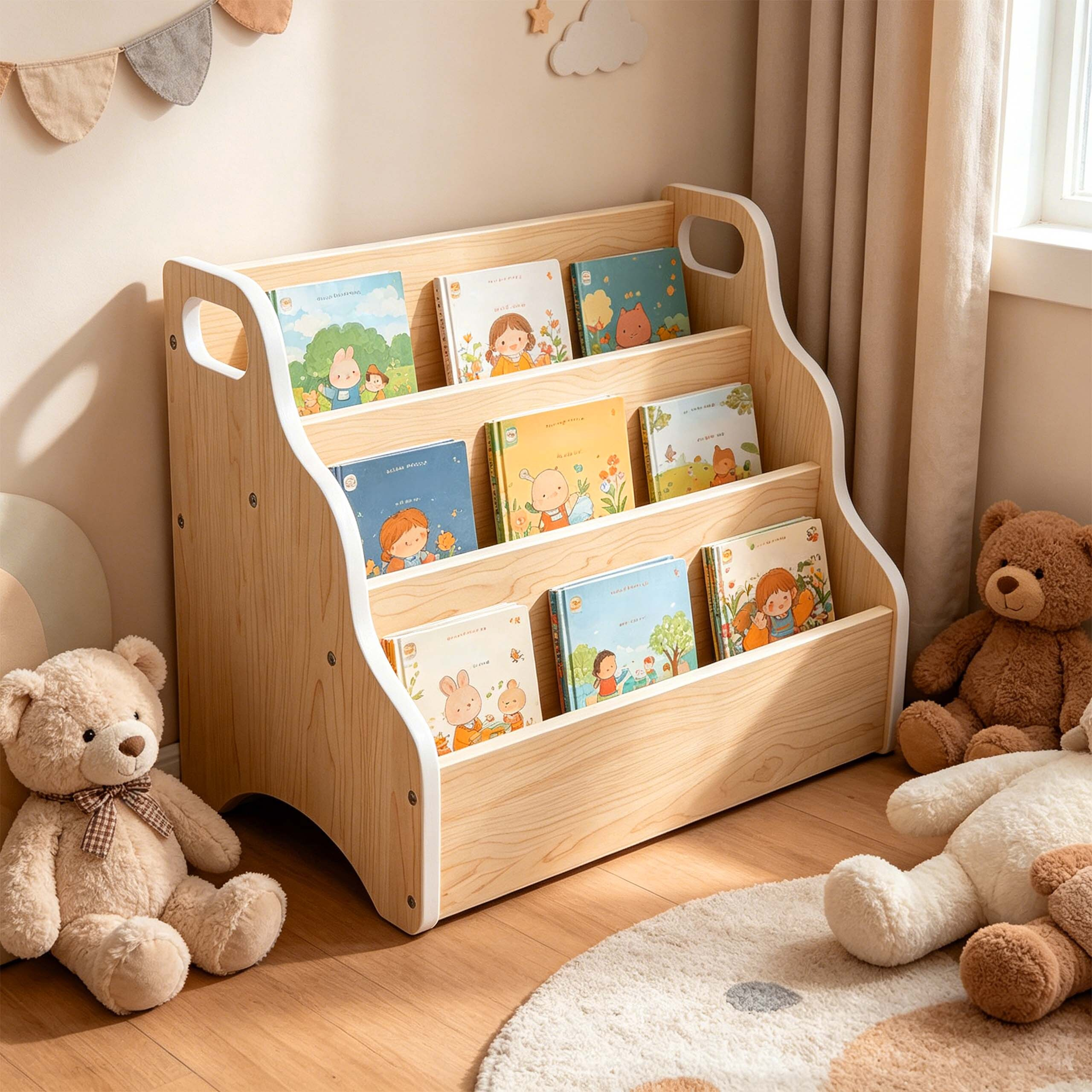 Ein hölzernes Kinderregal mit bunten Bilderbüchern, flankiert von Stofftieren in einem hellen Kinderzimmer.