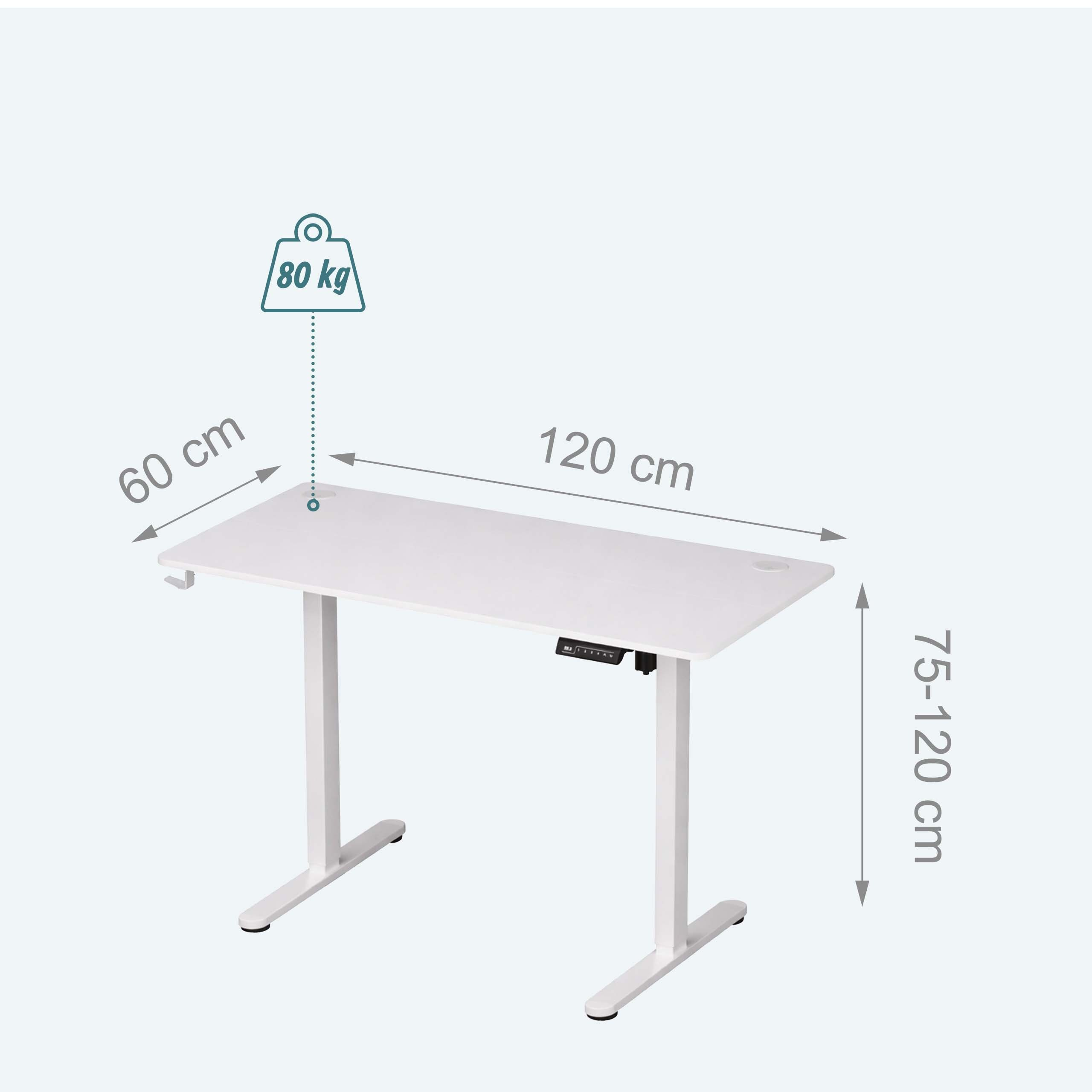 Ein weißer höhenverstellbarer Schreibtisch mit Maßangaben für Breite, Tiefe und Höhe.