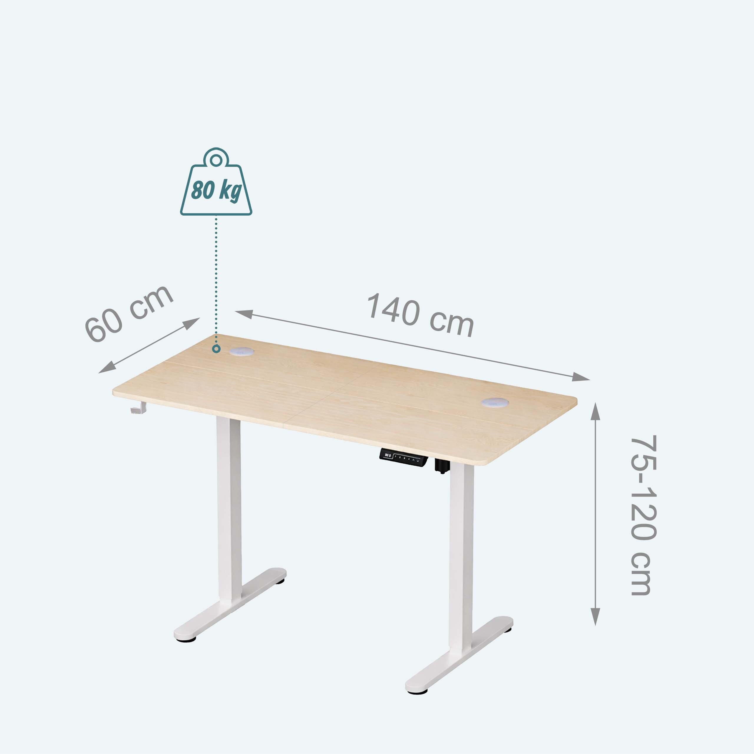Ein heller Stehschreibtisch mit weißen Beinen und Maßangaben von 140x60cm, Höhe 75-120cm und 80kg Tragkraft.