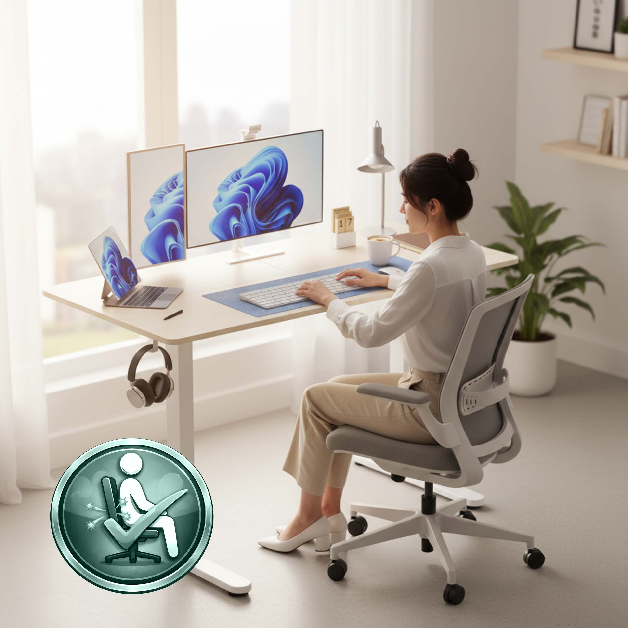 Eine Frau arbeitet an einem Schreibtisch mit mehreren Monitoren, während sie auf einem ergonomischen Stuhl sitzt.