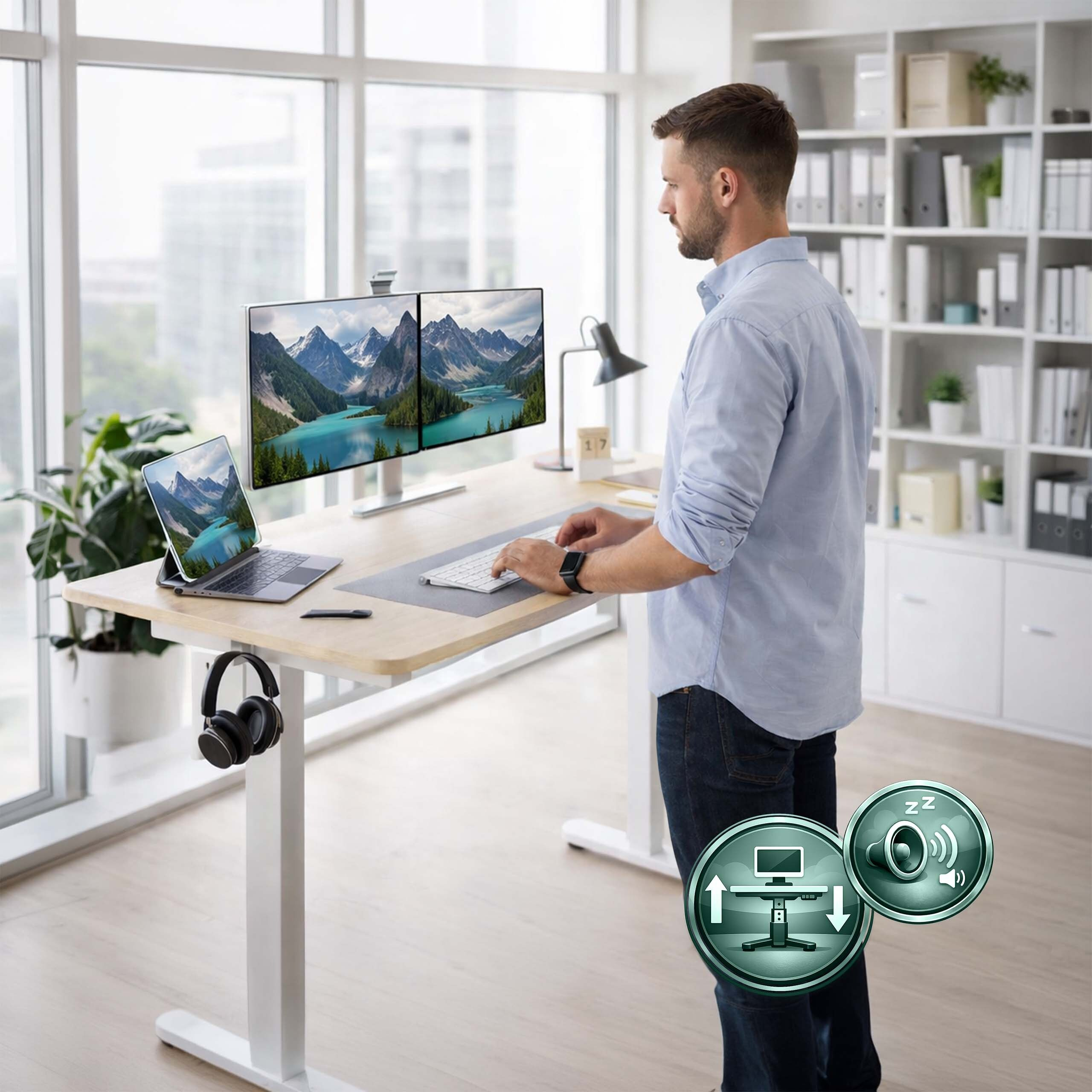 Ein Mann steht an einem höhenverstellbaren Schreibtisch und arbeitet an zwei Monitoren in einem hellen Büro.