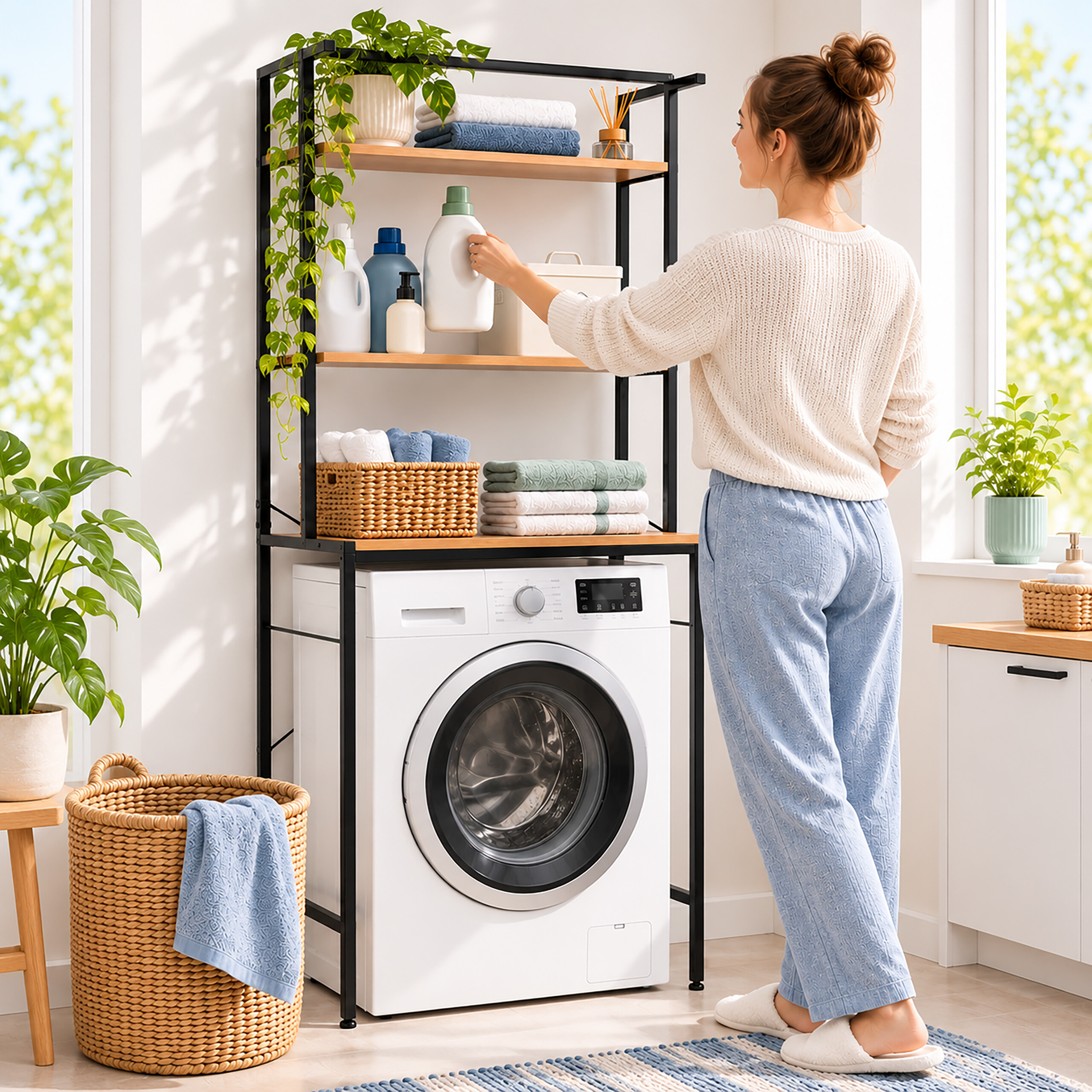Eine Frau in einem hellen Waschraum greift nach einer Waschmittelflasche auf einem Holzregal über einer Waschmaschine.