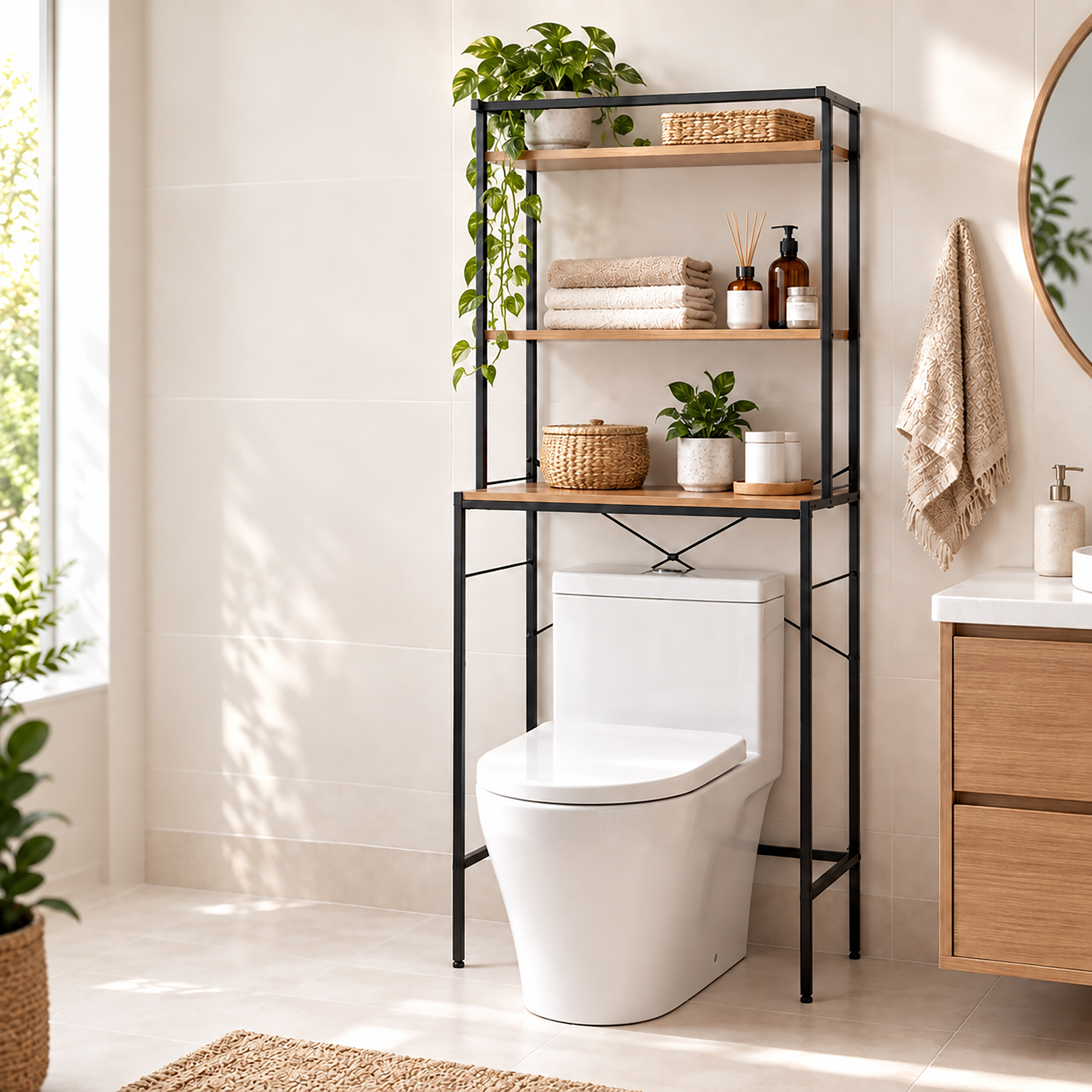 Ein weißes WC mit einem schwarzen Metall-Regal darüber, das mit Pflanzen, Handtüchern und Dekorationen bestückt ist.