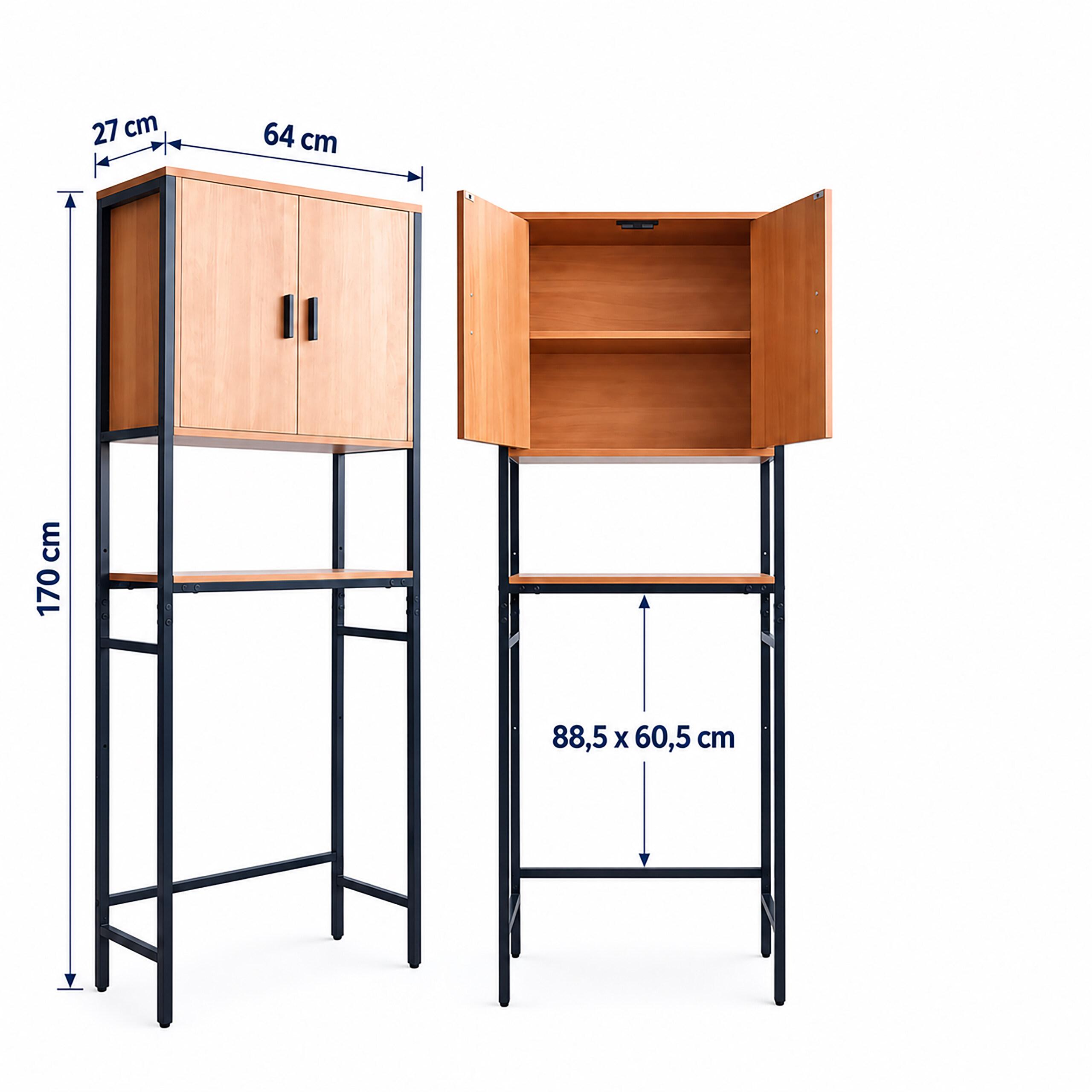 Holz- und Metallregal mit Schrank und Maßen vor weißem Hintergrund.