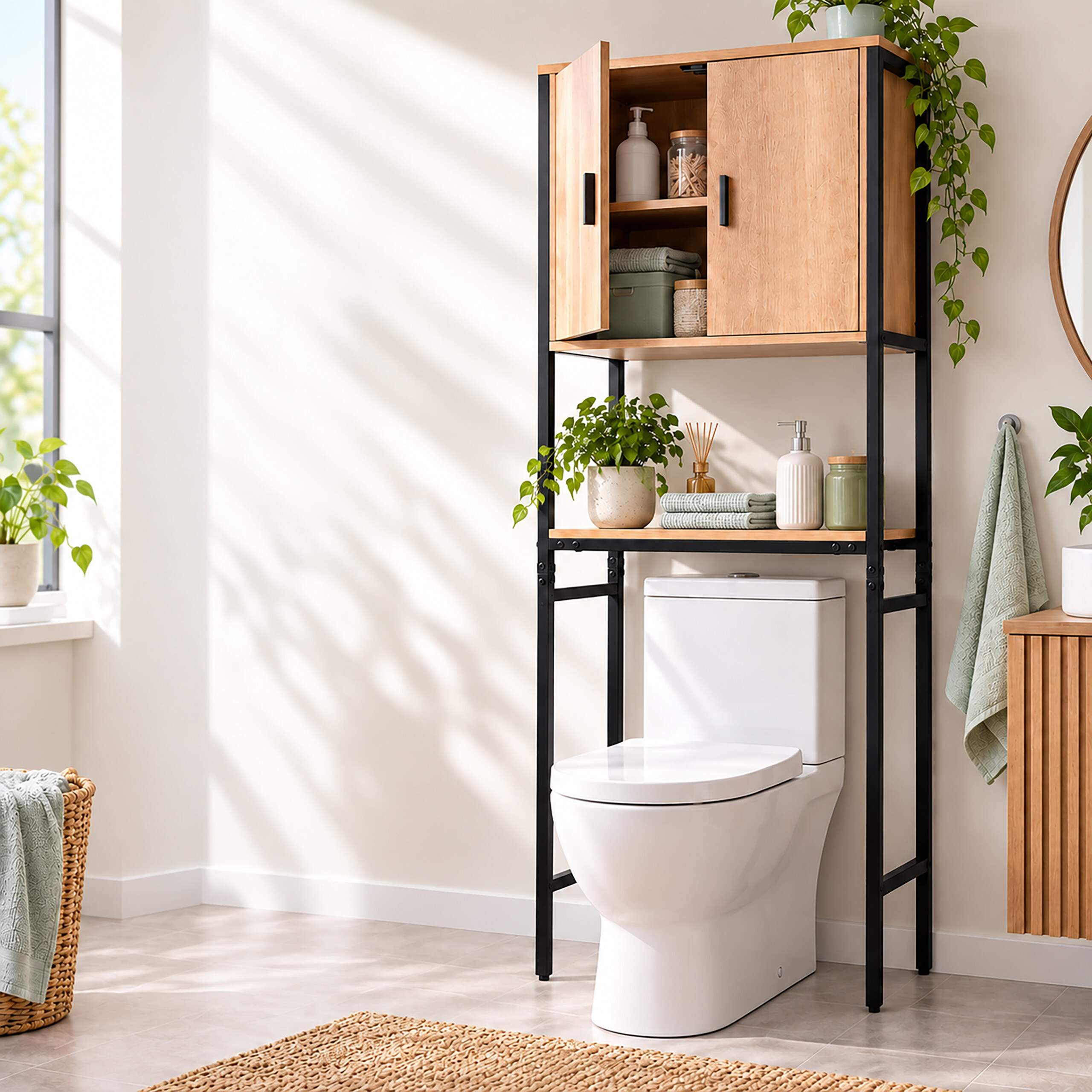 Ein weißes WC mit einem Holzregal darüber, dekoriert mit Pflanzen, Handtüchern und Badaccessoires.