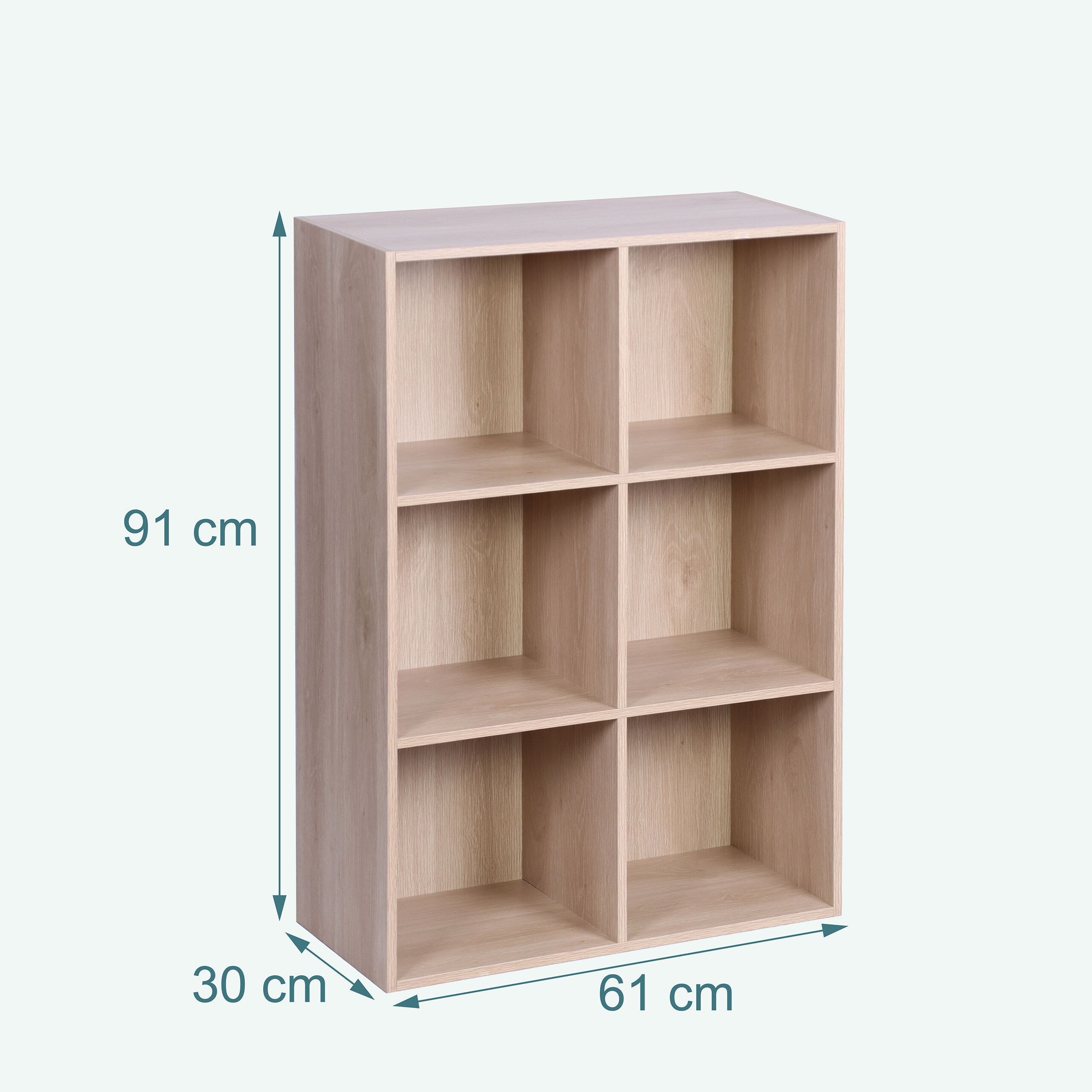 Ein helles Holzregal mit sechs quadratischen Fächern und Maßen von 91 cm Höhe, 61 cm Breite und 30 cm Tiefe.