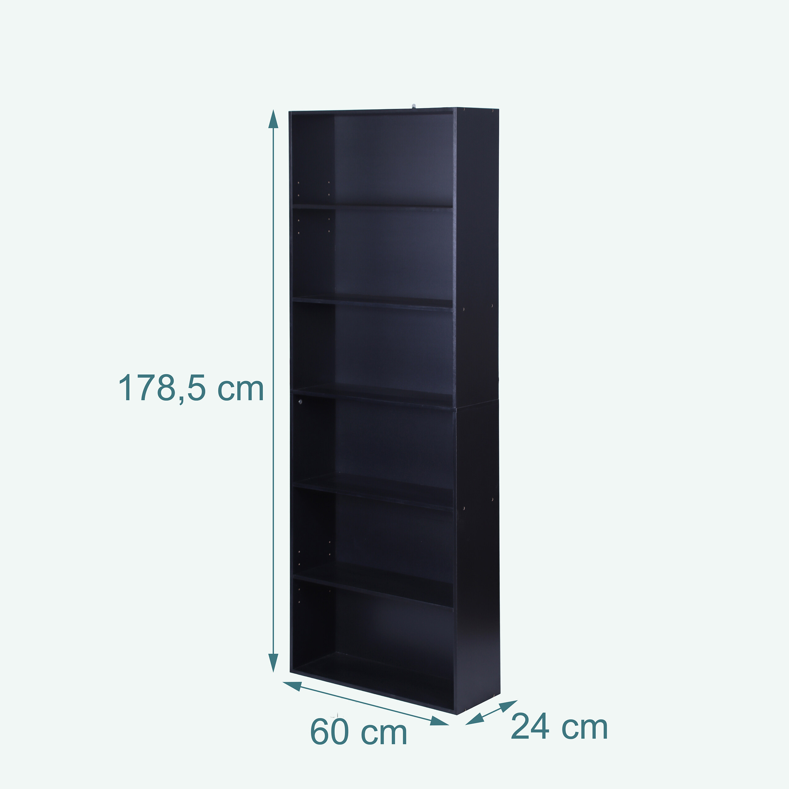 Hohes schwarzes Bücherregal mit sechs Regenböden vor hellem Hintergrund, Maße: 178,5 cm hoch, 60 cm breit, 24 cm tief.