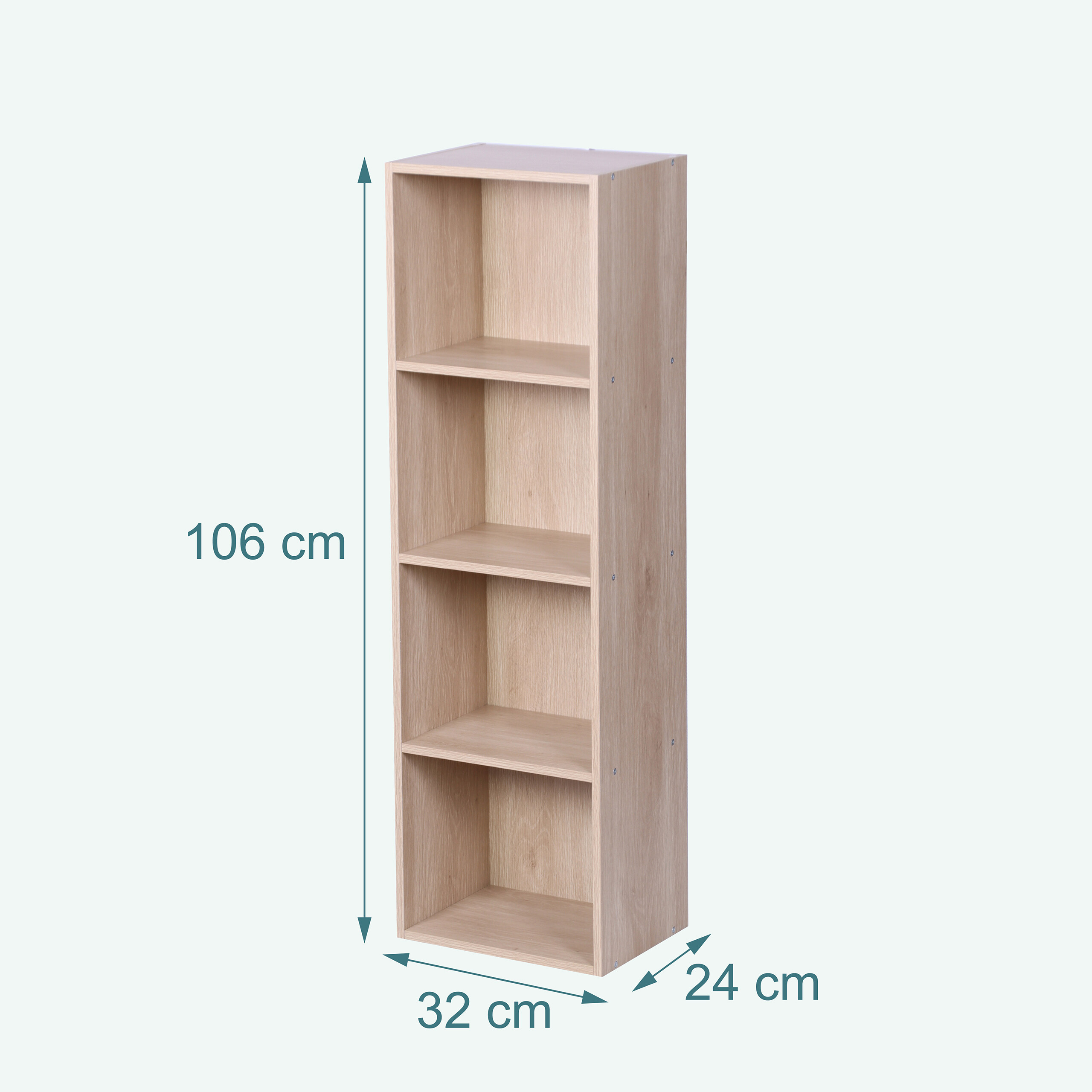 Ein schmales, vierstöckiges Holzregal mit den Maßen 106 cm Höhe, 32 cm Breite und 24 cm Tiefe auf hellem Hintergrund.