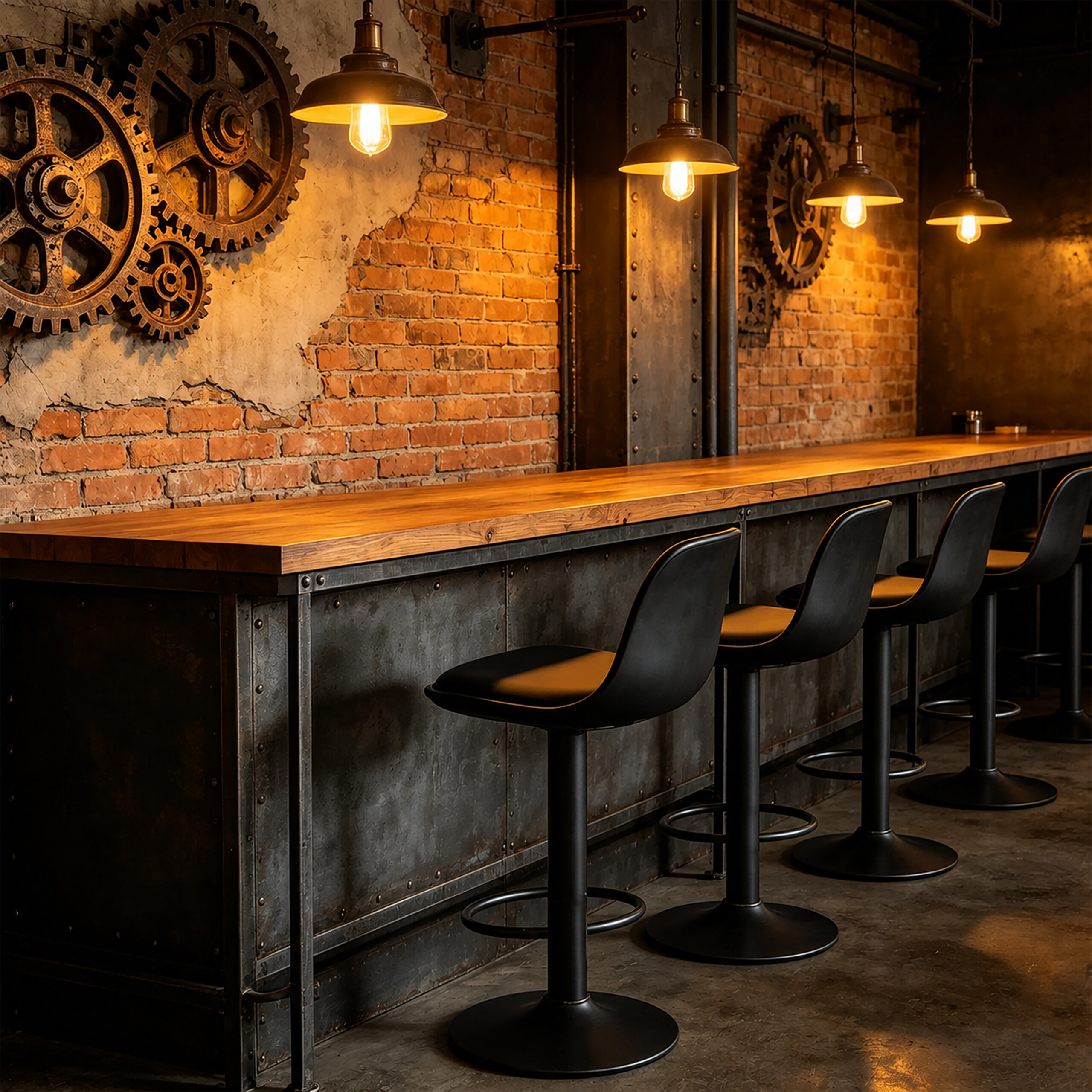 Industrielle Bar mit Ziegelwänden, Metallgeräten, Holztresen, schwarzen Stühlen und warmen Pendelleuchten.