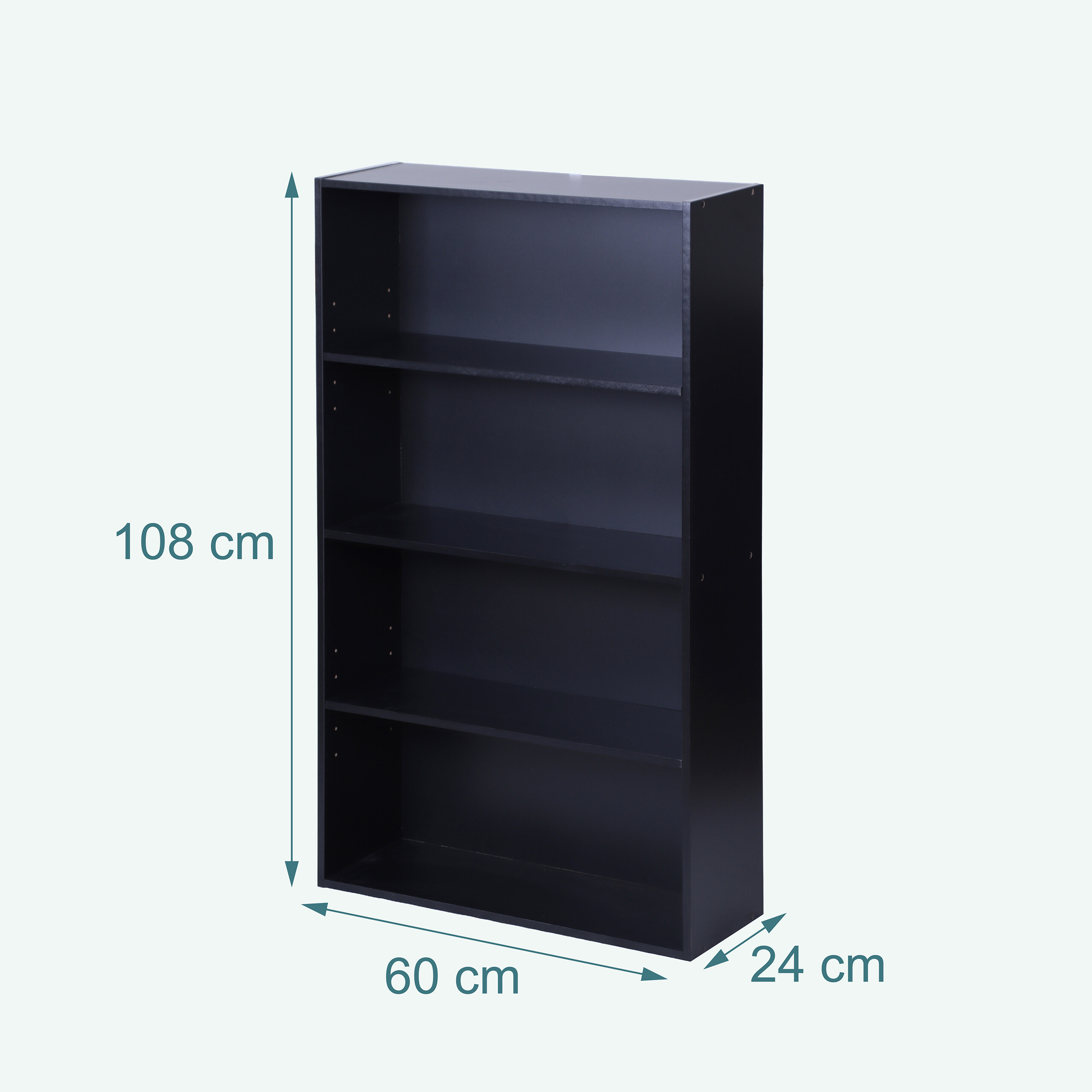 Ein schwarzes vierteiliges Regal mit den Maßen: 108 cm Höhe, 60 cm Breite und 24 cm Tiefe, auf hellem Hintergrund.