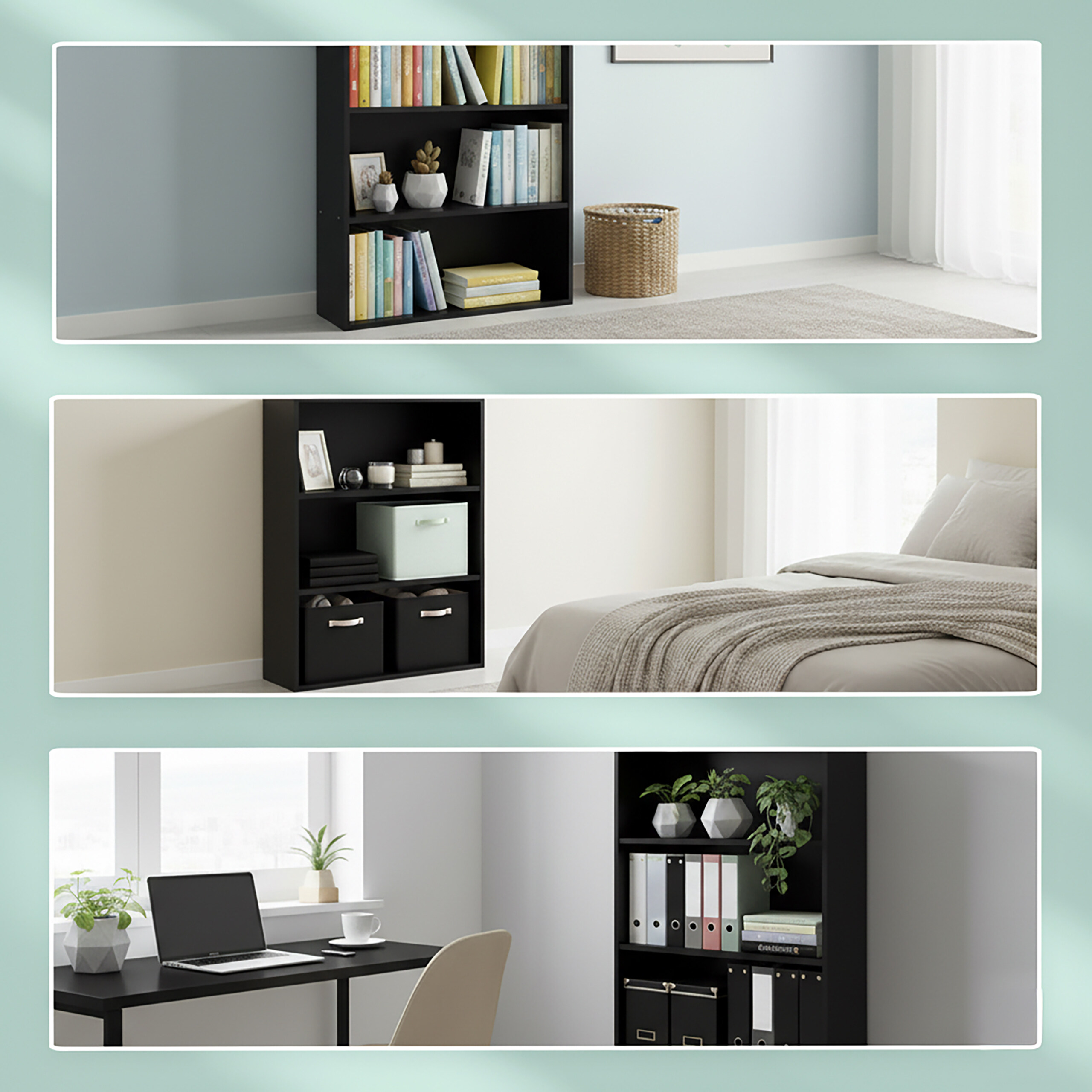 Drei Paneele zeigen unterschiedlich gestaltete schwarze Regale in einem Zimmer mit Büchern, Boxen, Pflanzen und einem Bett.