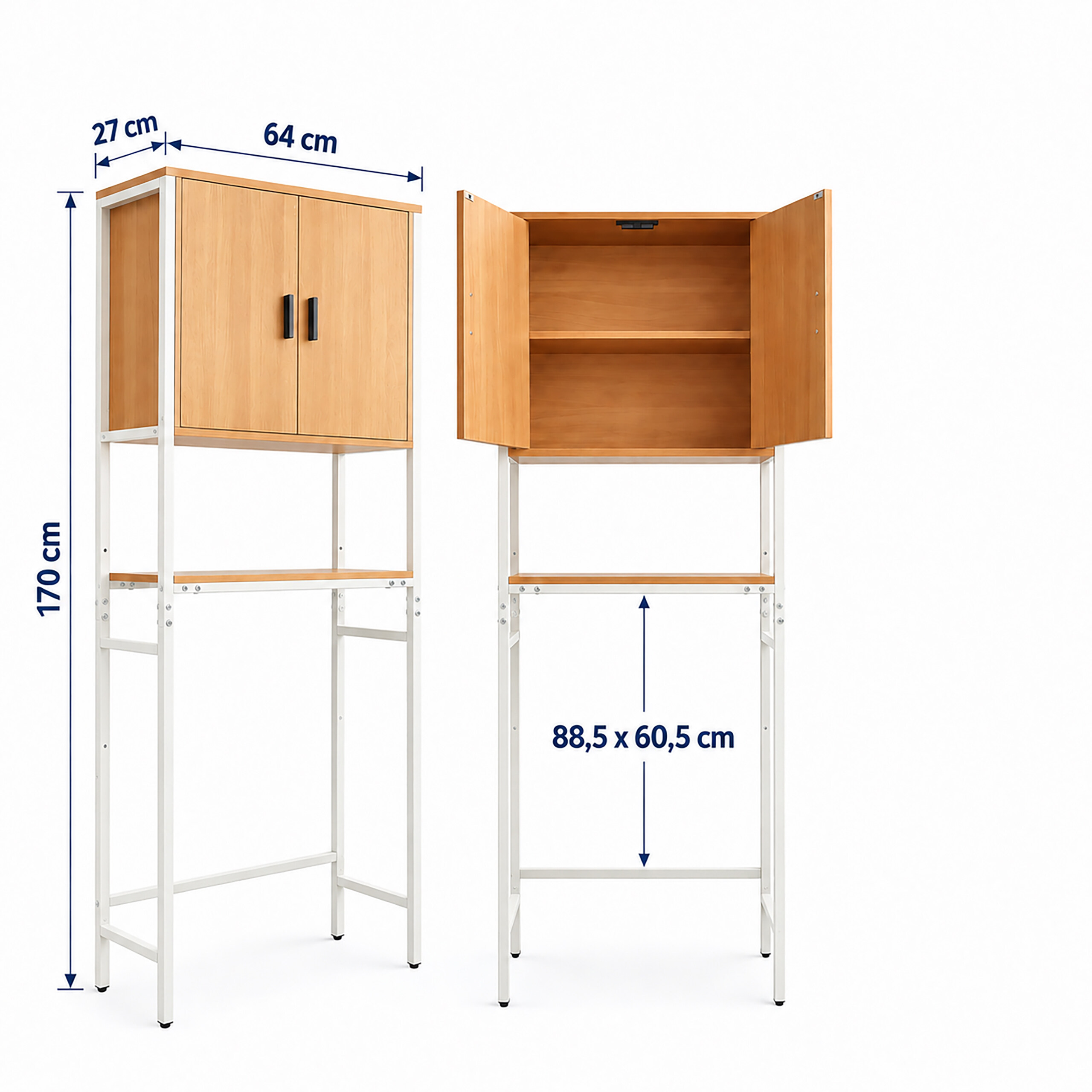 Hohes weiß-holzfarbenes Regal mit geschlossenem Schrank links und offenem Schrank mit Türen rechts.