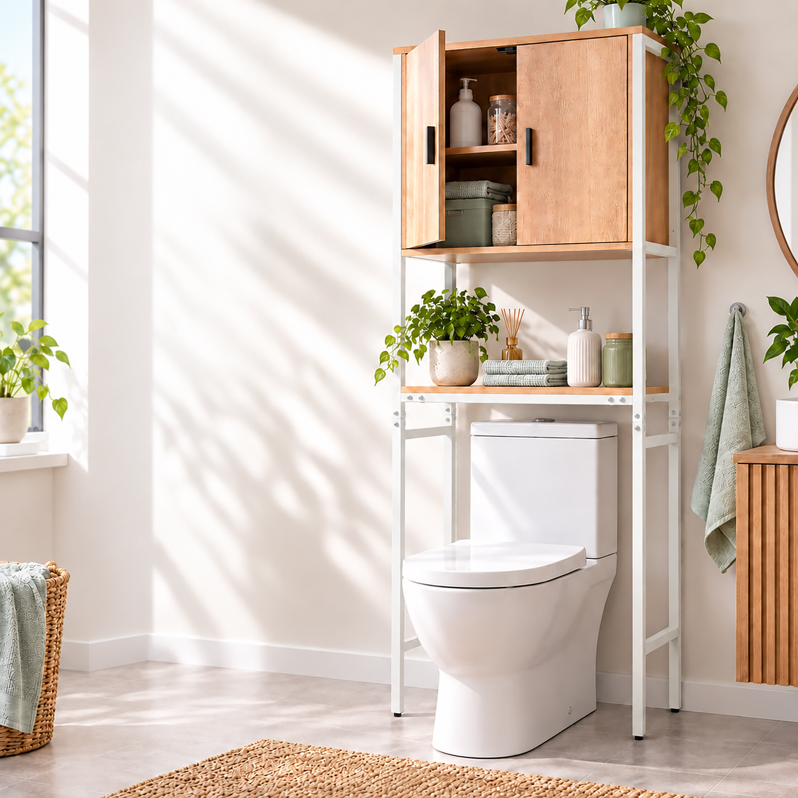 Ein weißes WC mit einem Holzregal darüber, das mit Pflanzen, Handtüchern und Badutensilien dekoriert ist.