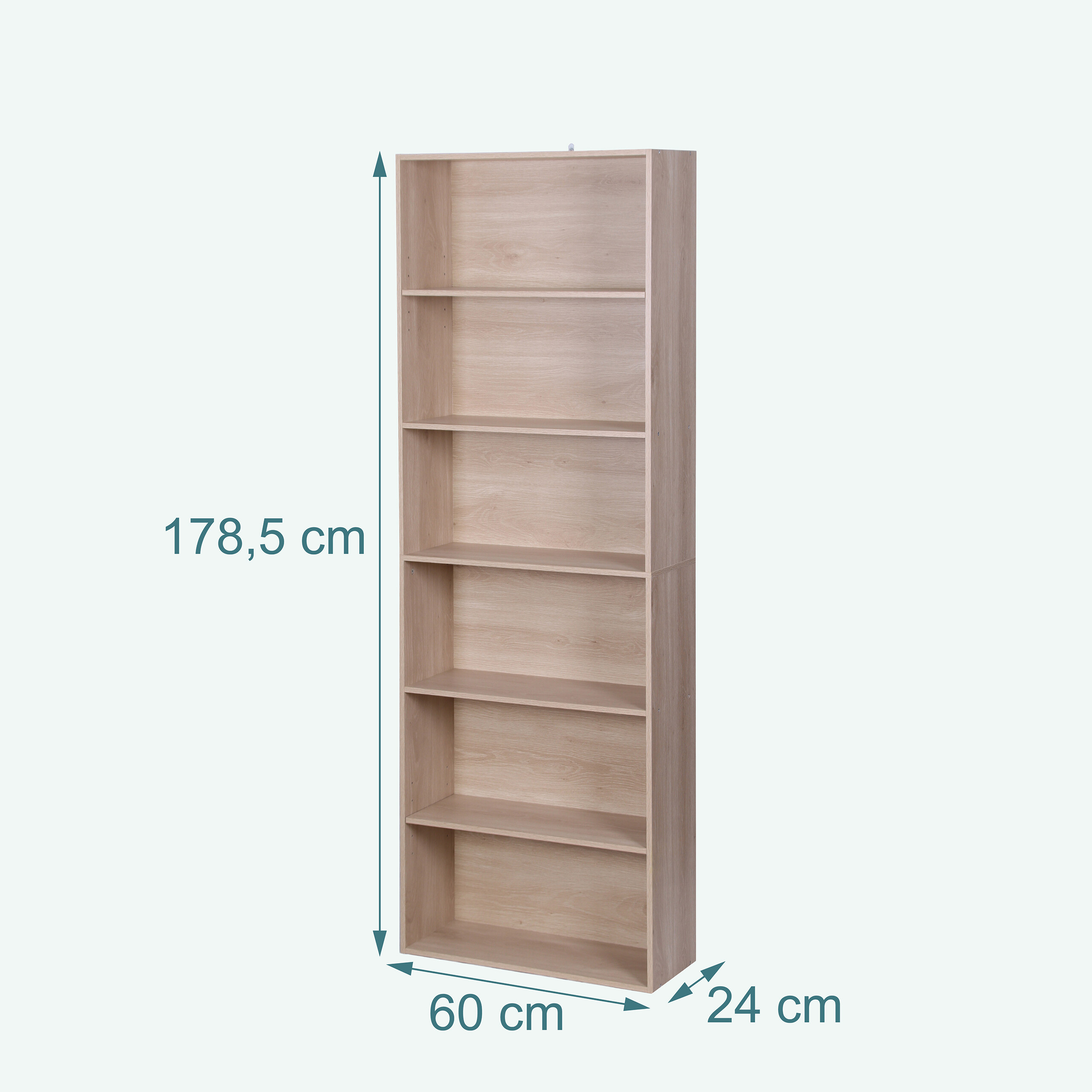 Ein hölzernes Bücherregal mit sechs Fächern und Maßen von 178,5 x 60 x 24 cm.