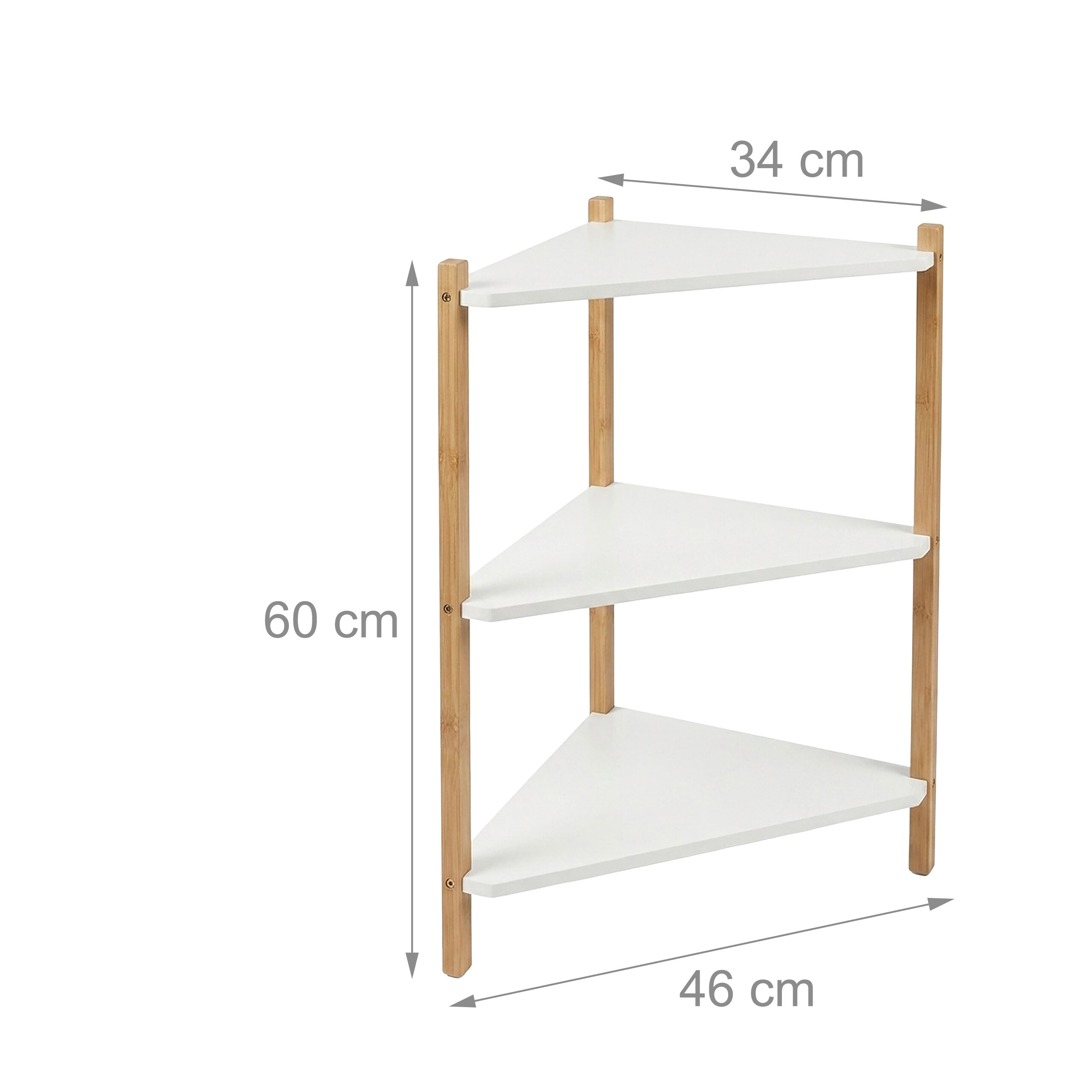 Dreistöckiges Eckregal mit weißen Dreiecksböden und Holzbeinen, inklusive Bemaßungen von 60 cm Höhe, 34 cm Breite und 46 cm Tiefe.