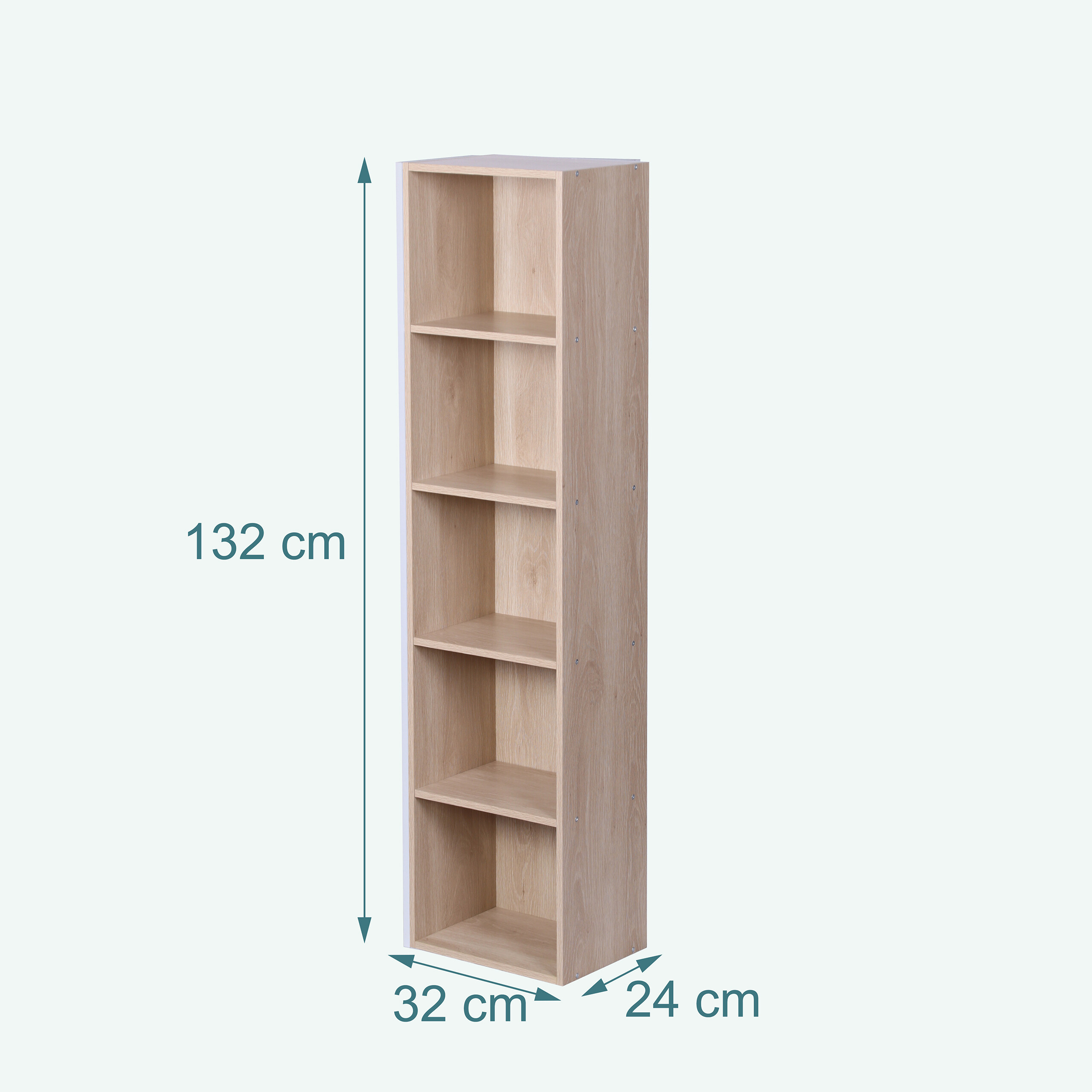 Ein schmales, helles Holzregal mit fünf Fächern und Maßangaben in Zentimetern.