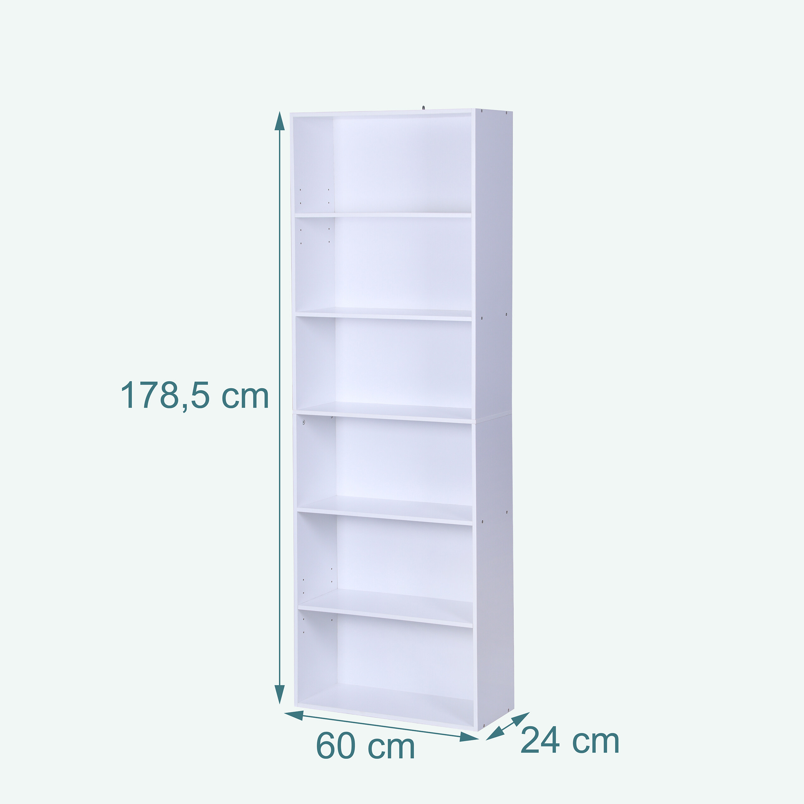 Ein weißes, sechsstöckiges Bücherregal mit Maßen von 178,5 cm Höhe, 60 cm Breite und 24 cm Tiefe auf hellem Hintergrund.