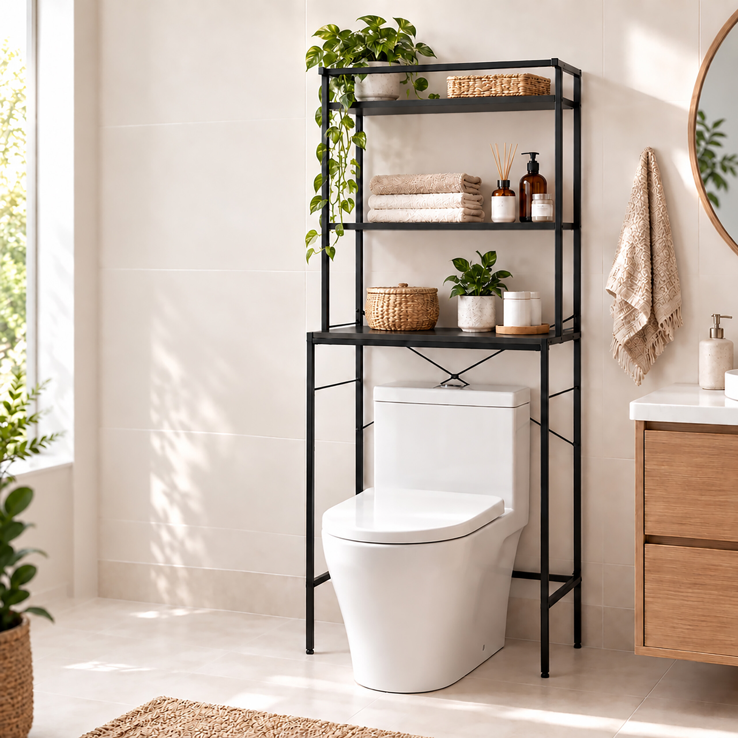 Ein schwarzes Metallregal über der Toilette in einem hellen Bad, dekoriert mit Pflanzen, Handtüchern und Behältern.