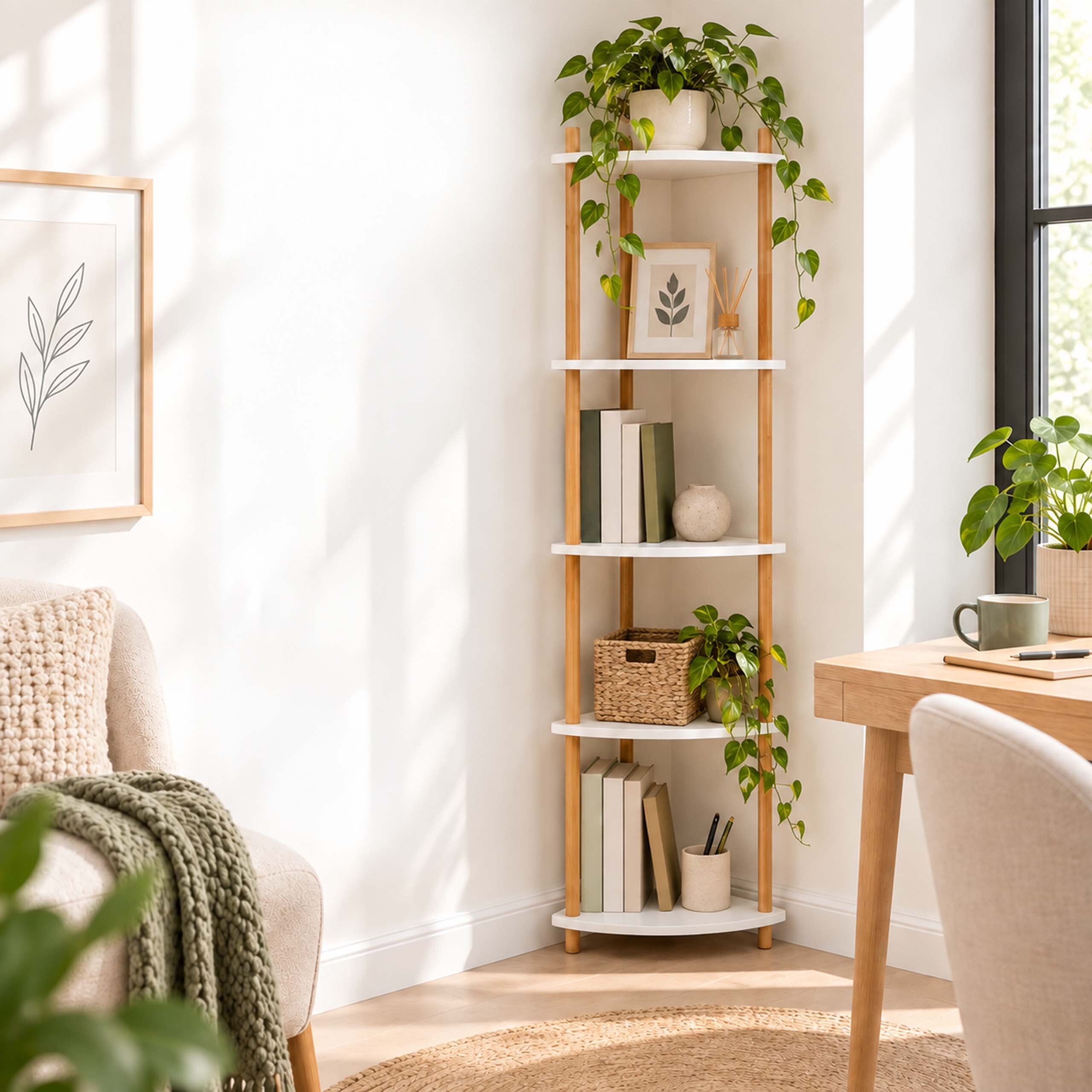Eckregal in hellem Holz mit Pflanzen, Büchern und Deko in einem sonnigen Zimmer.