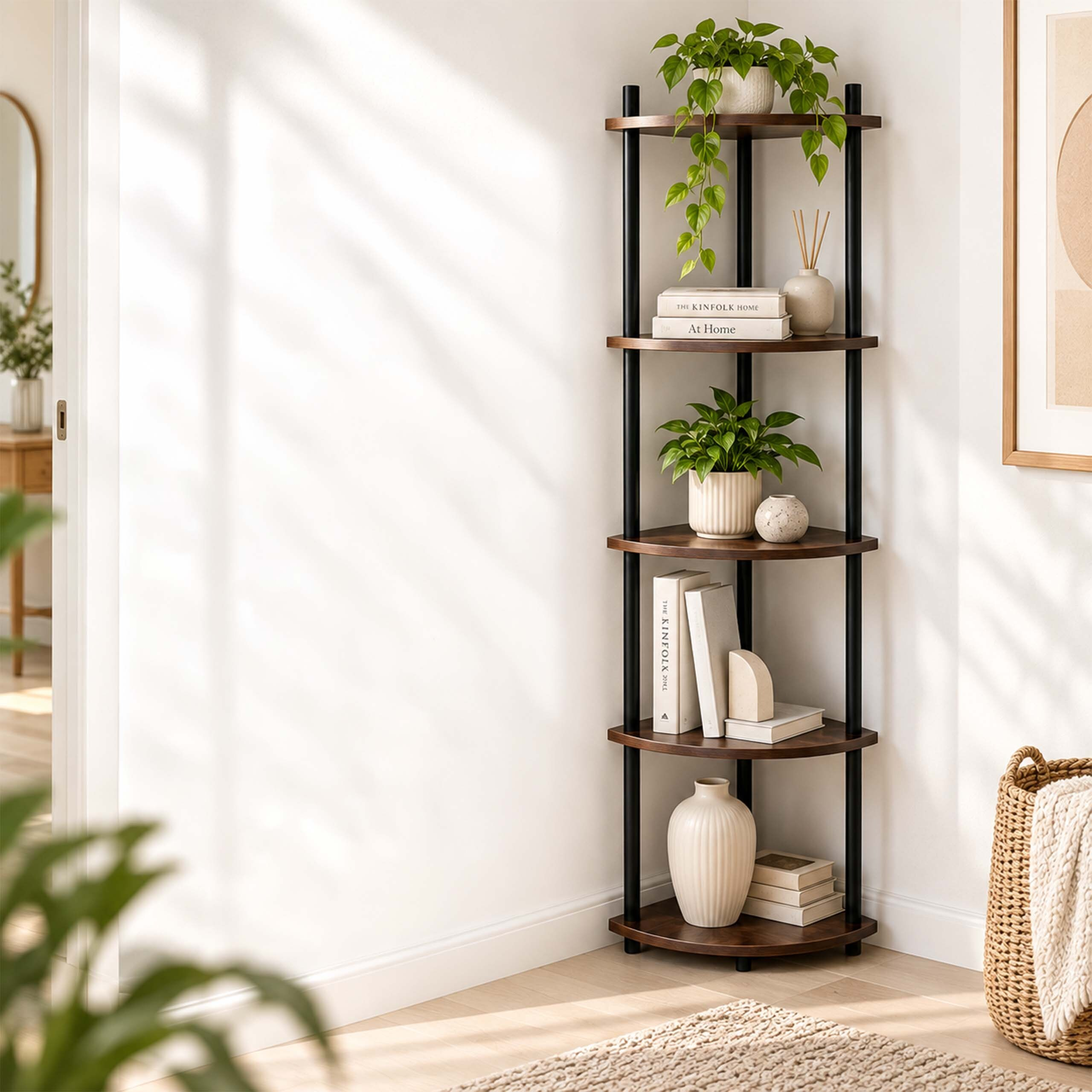 Ein hölzernes Eckregal mit schwarzen Metallstangen steht in einem weißen Zimmer, dekoriert mit Pflanzen, Büchern und Vasen.